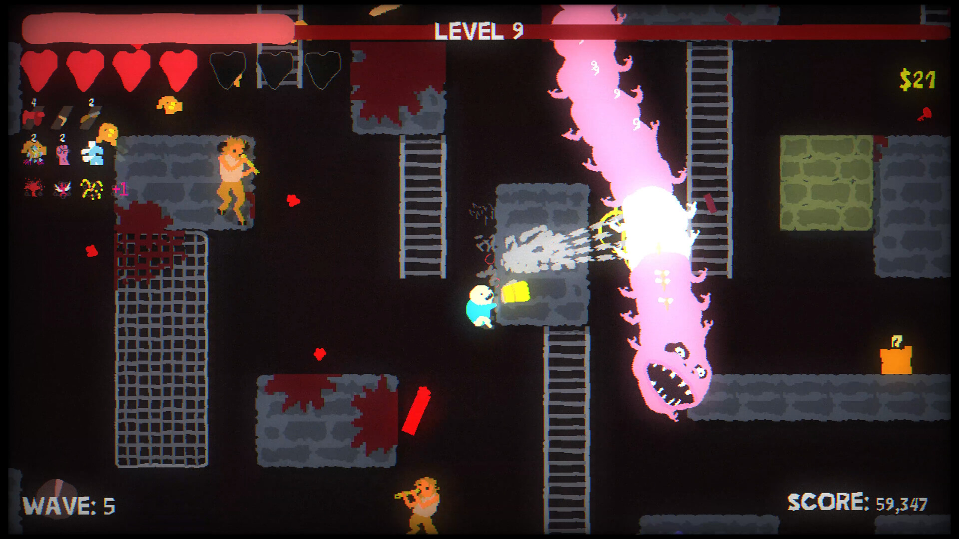 Official Blood Dungeon screenshot showing the 2D platforming arena, enemies, and red-lit dungeon combat.