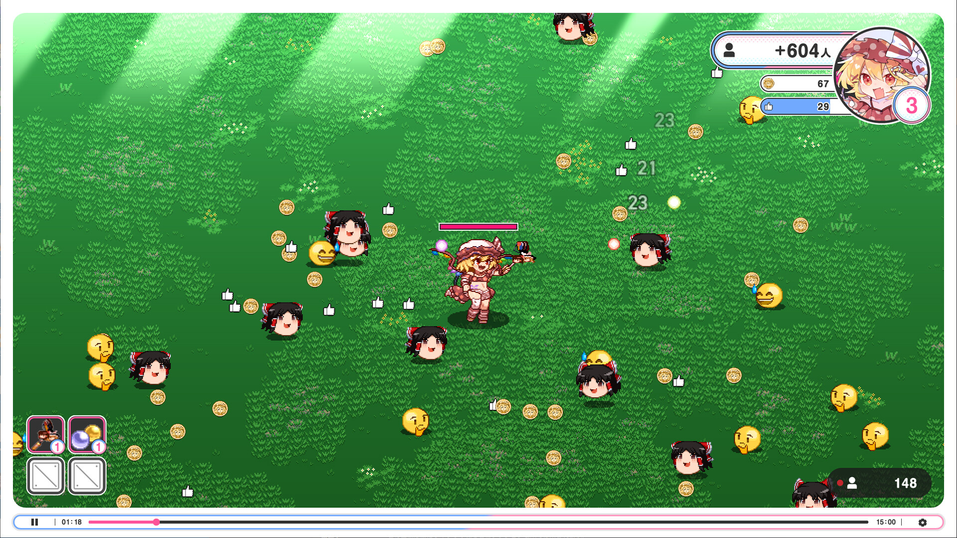Official Internet Survivor Survivors screenshot showing Flandre fighting enemy waves with bright projectile effects and the game's streaming-style HUD.