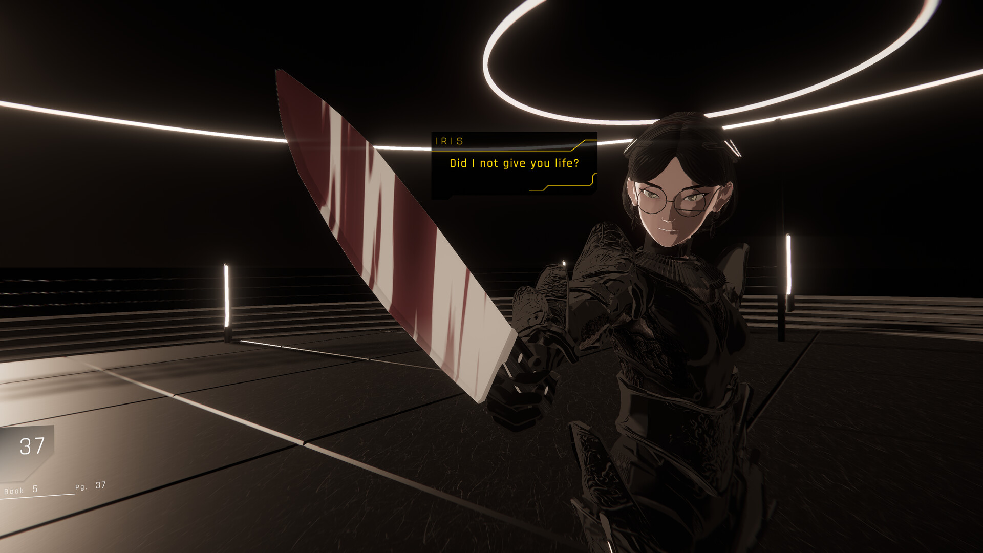 Official 1000xRESIST screenshot showing Watcher in a stark corridor with red lighting and geometric architecture.