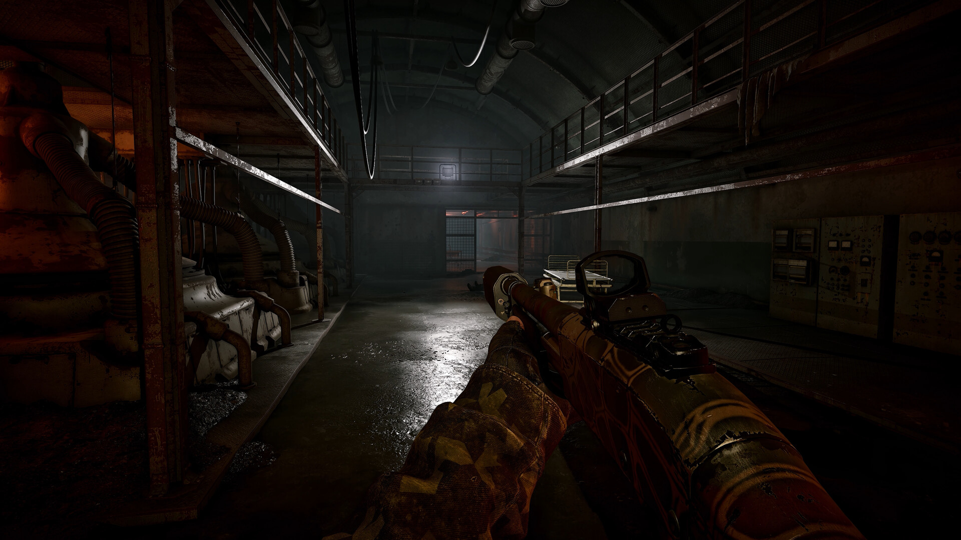 Official STALKER 2: Cost of Hope screenshot showing a firefight near industrial ruins in the Zone.