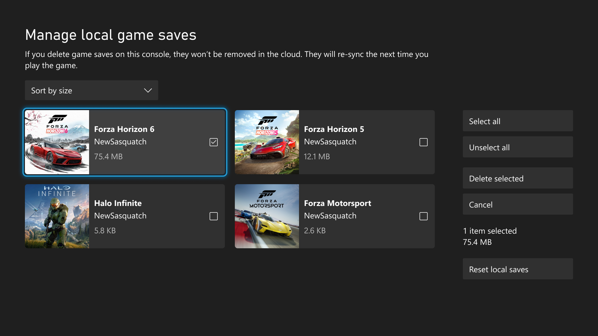 Official Xbox Wire screenshot showing the new local game saves management screen.