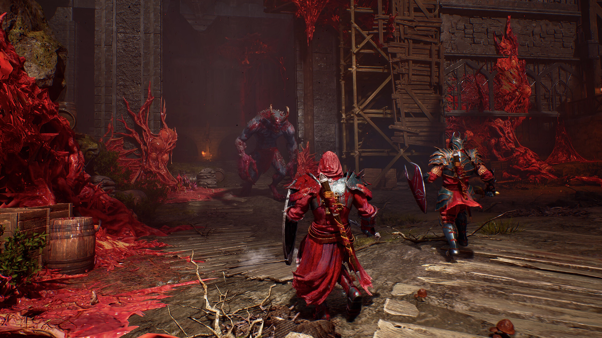 Official Steam screenshot from Crimson Moon showing the Nephilim hero facing enemies in a ruined gothic street.