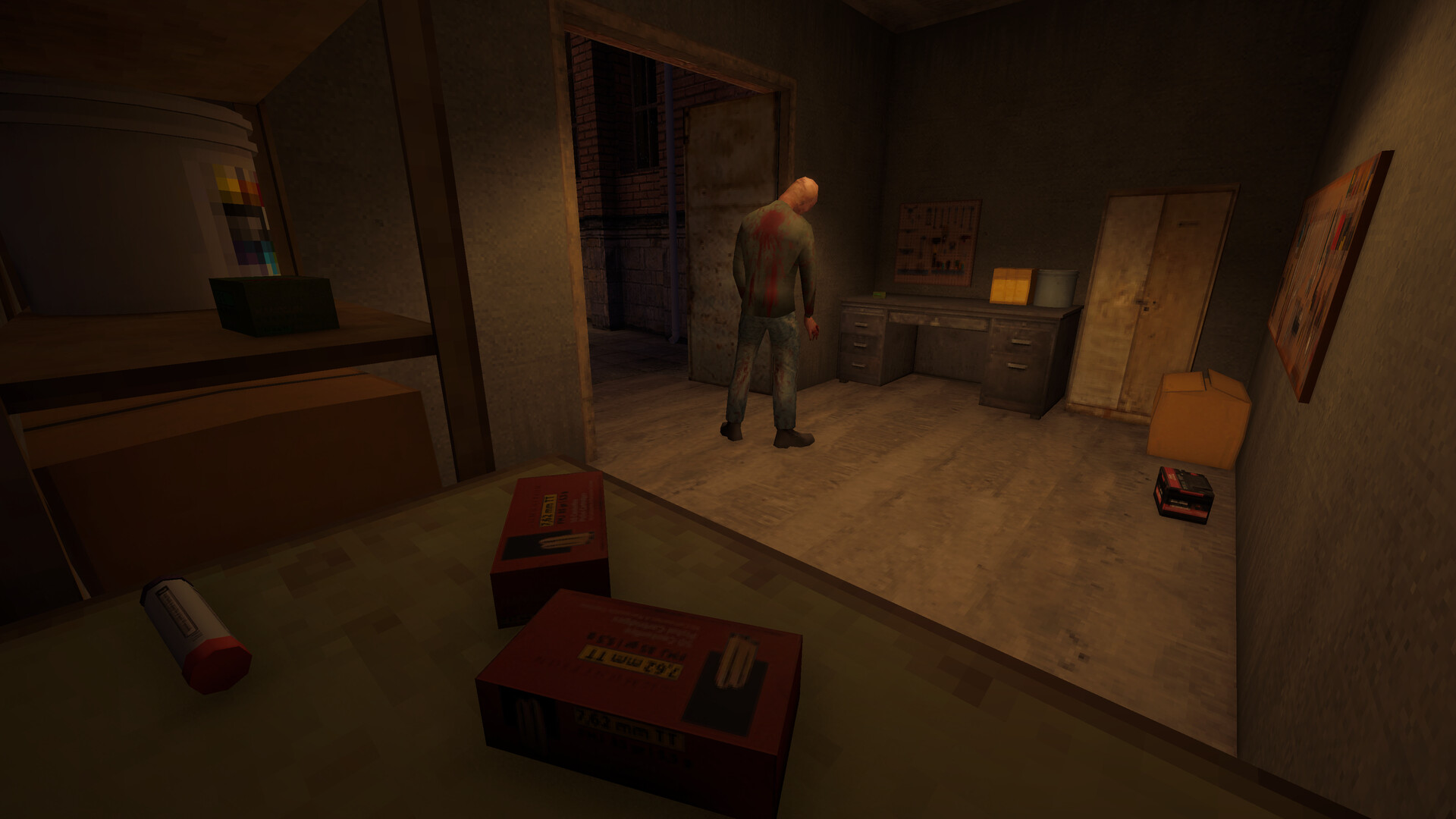 Official Iron Blight screenshot showing an enemy standing in a small room while ammo boxes and supplies sit in the foreground.