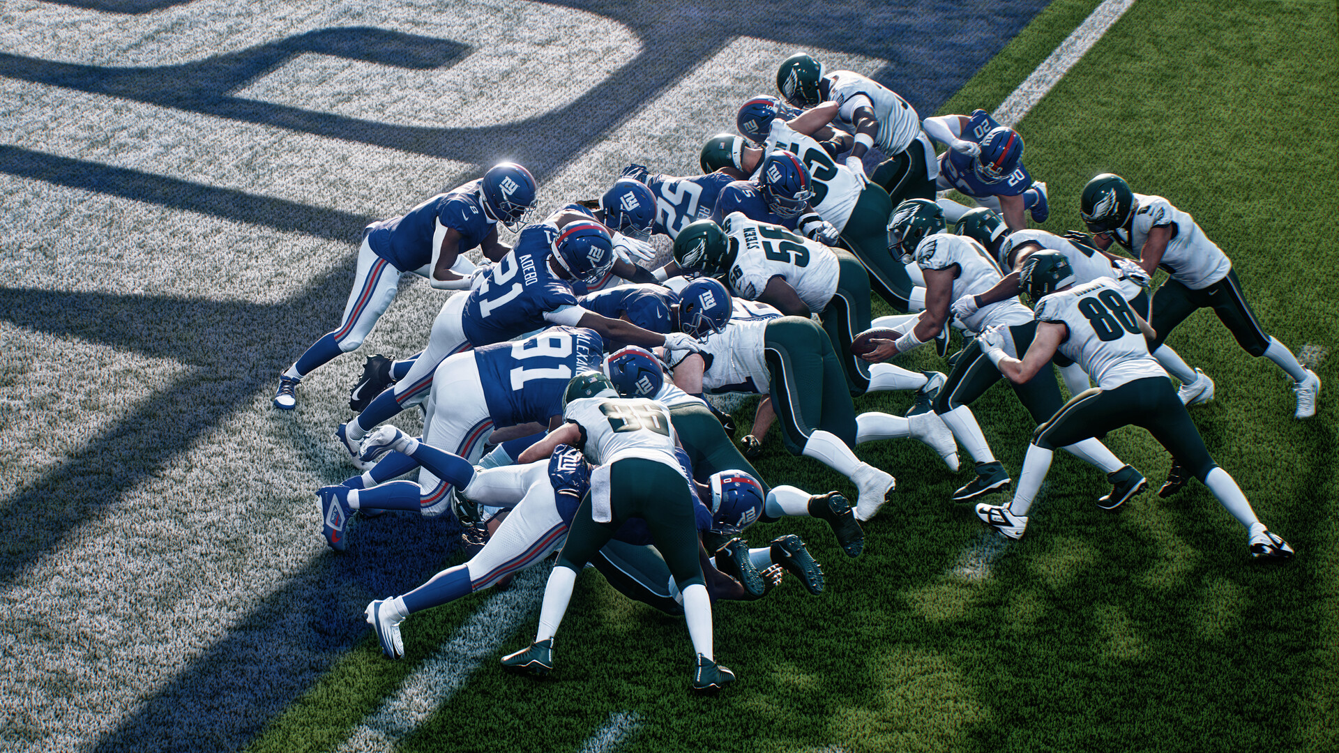 Official Madden NFL 27 gameplay screenshot showing an in-game Philadelphia Eagles play with the quarterback under pressure in the pocket.