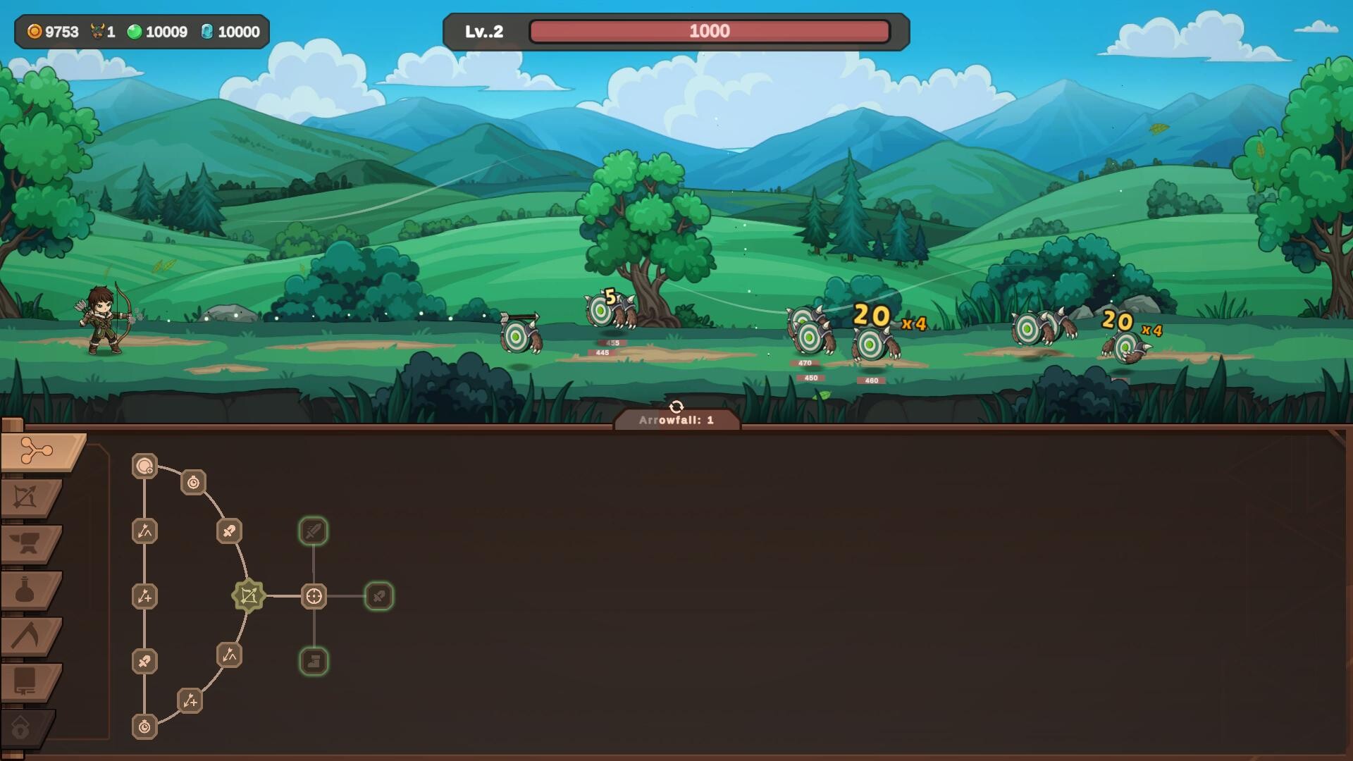 Official Zad Archery Steam screenshot showing the player clearing waves of enemies with bright damage numbers and upgrades.