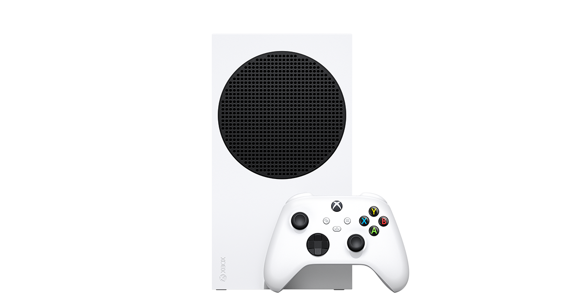Official Xbox image showing the white Xbox Series S 512GB console standing behind its white controller.