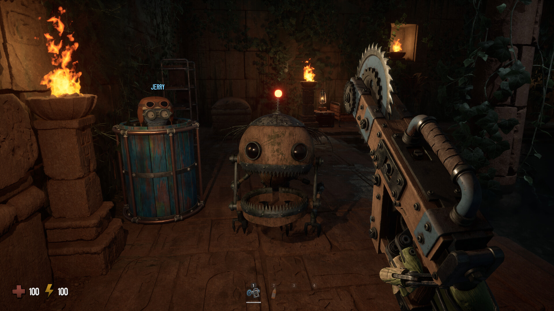 Official Grain Rot screenshot showing players moving through a ruined interior filled with hazards and scavengable objects.