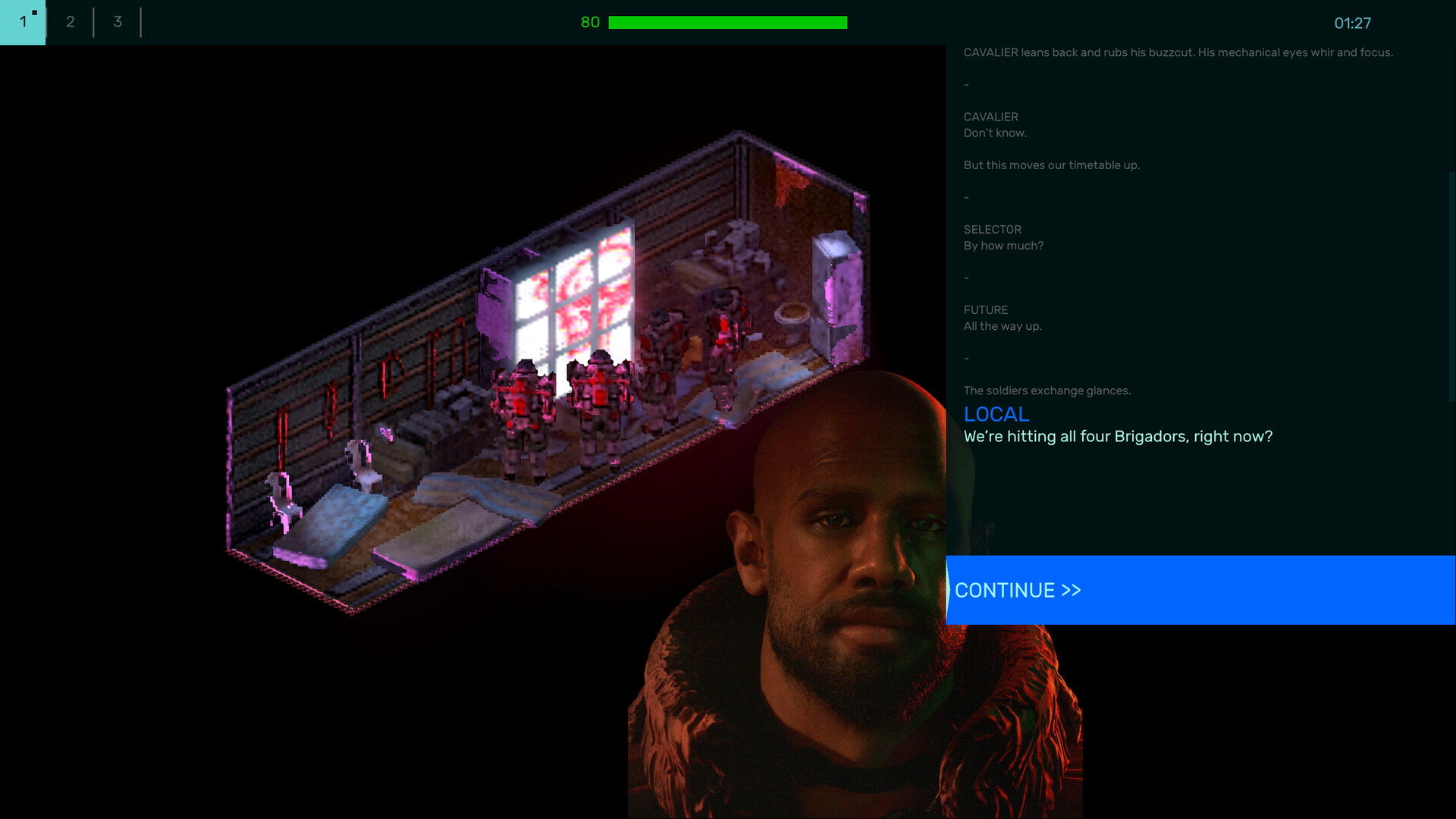 Official Brigador Killers screenshot showing the player on foot near vehicles and enemies in a dense top-down combat zone.