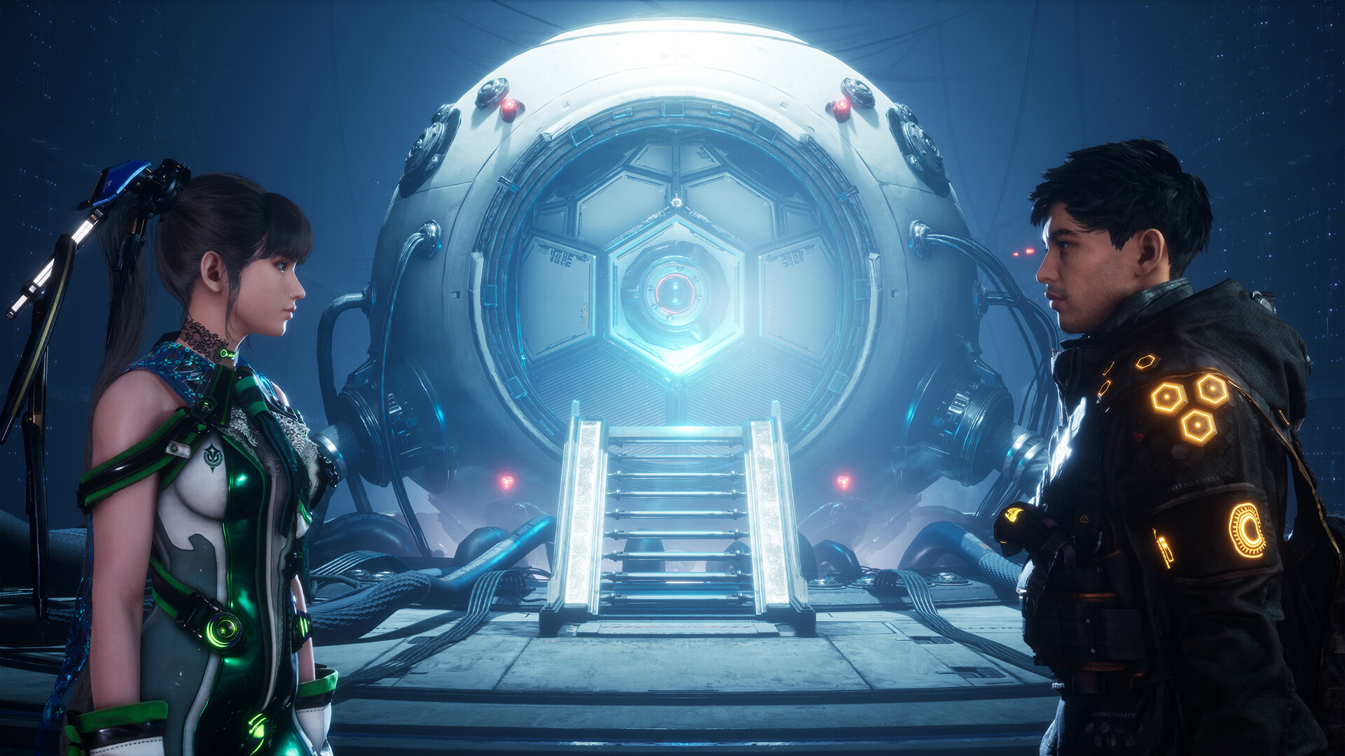 Official Stellar Blade PC screenshot showing EVE facing a large enemy in a ruined industrial environment.