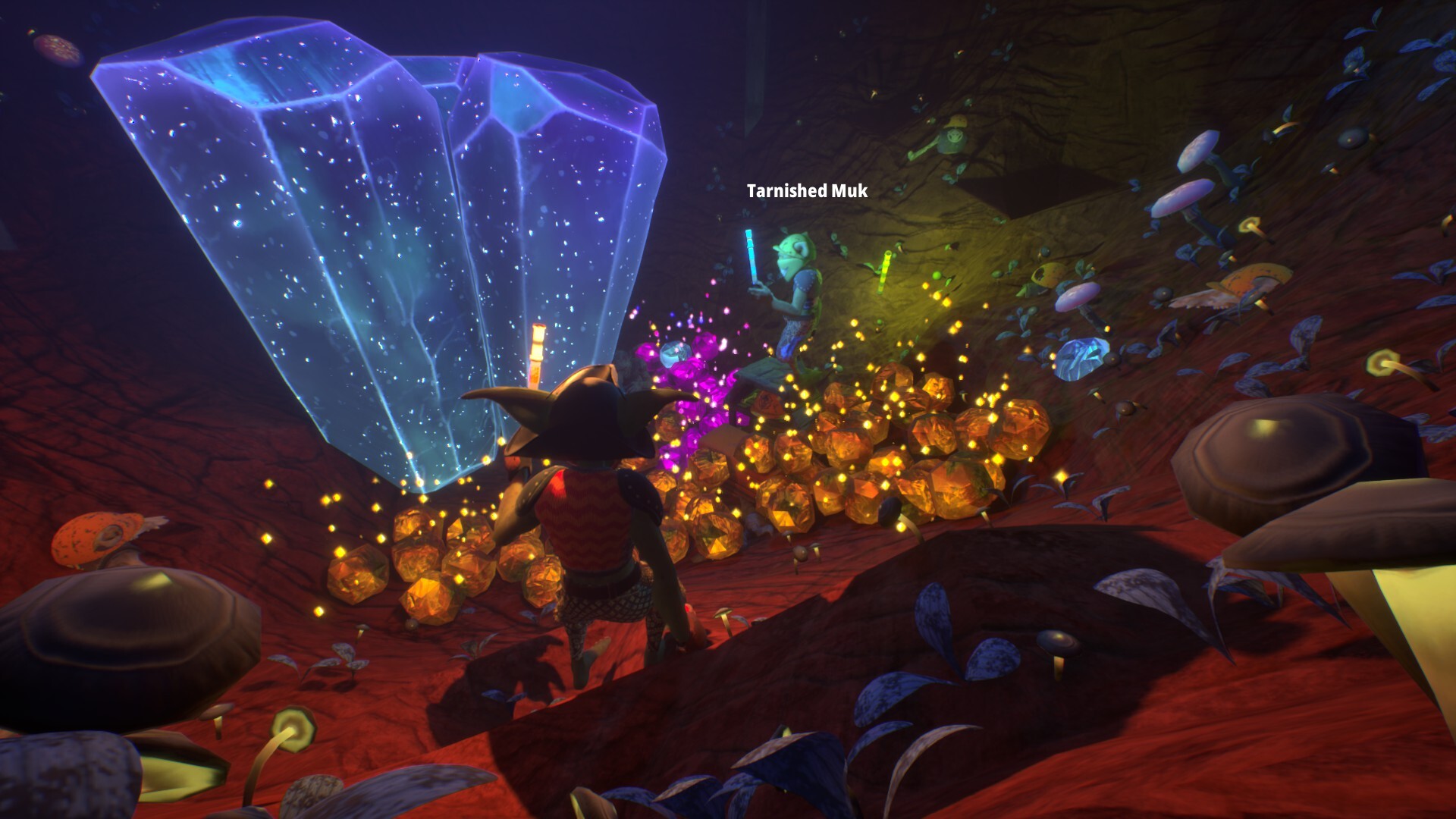 Official Goblin Company Steam screenshot showing goblin miners tunneling through a dark cave with tools, rails, and lantern light.