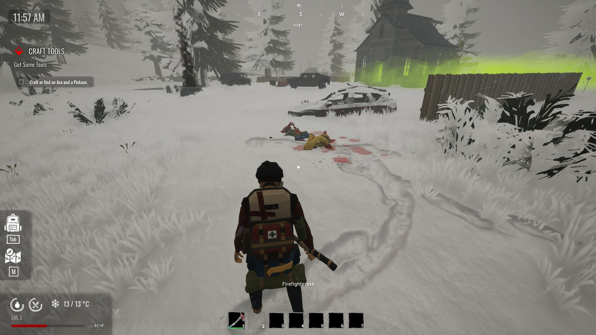 Official Not Quite Dead Steam screenshot showing the player exploring an outdoor area with zombies and survival gear.