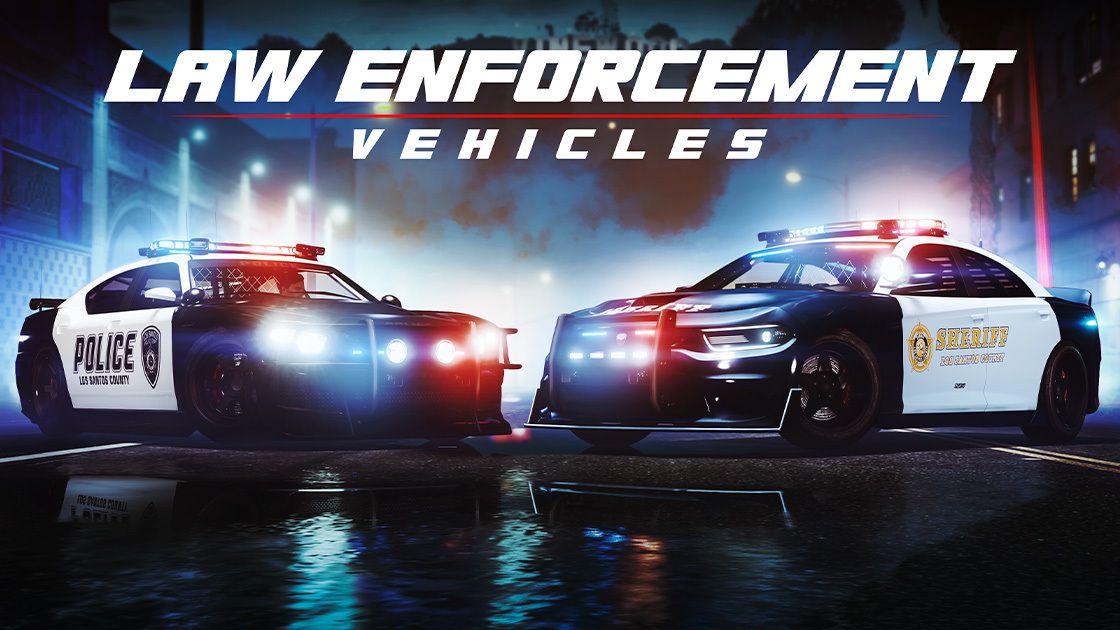 Official GTA Online Neighborhood Watch promotional image showing a police-themed vehicle and characters in law-enforcement gear.