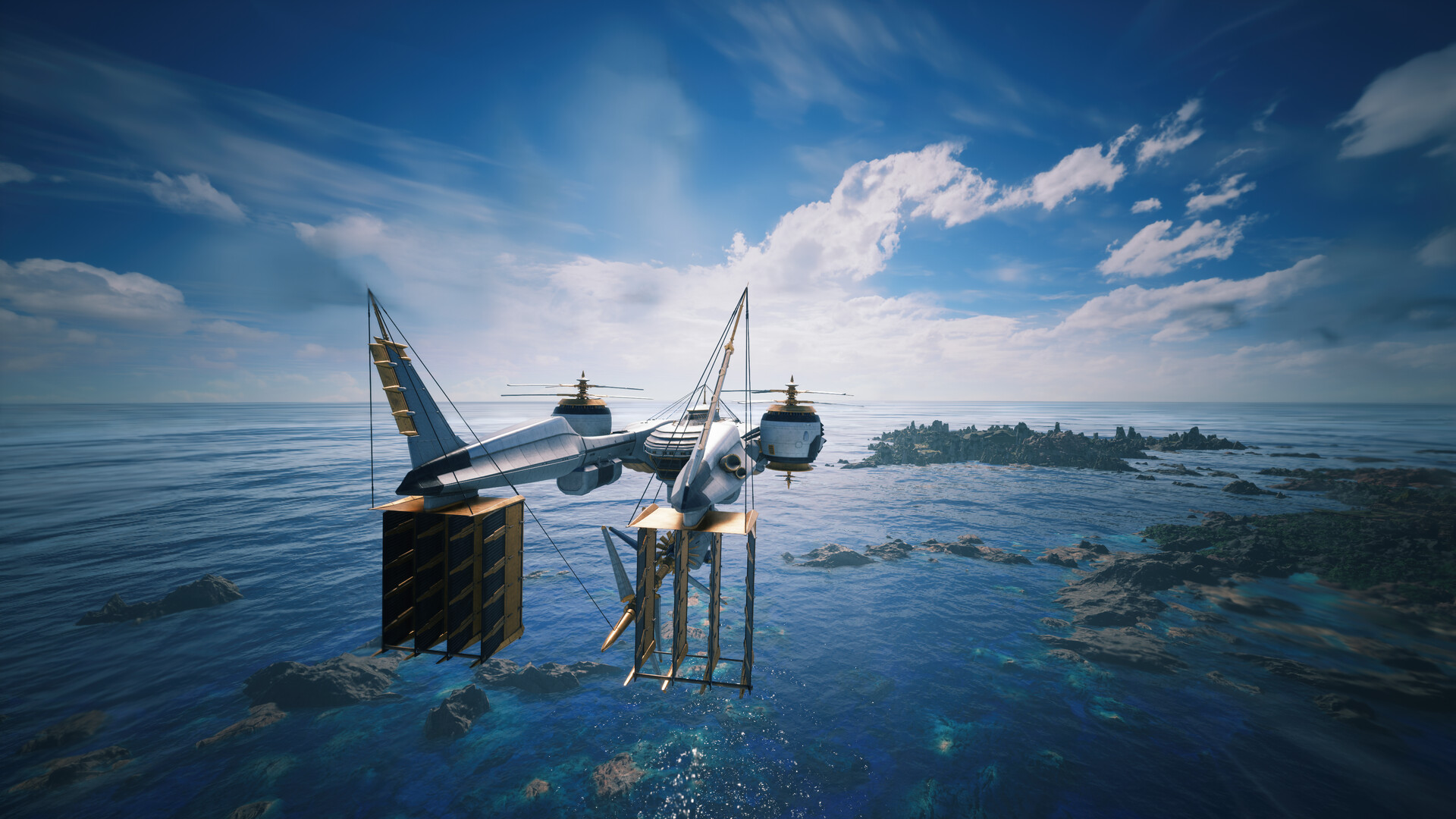 Official Final Fantasy VII Revelation screenshot showing a large sea creature rising beside an industrial structure at sunset.