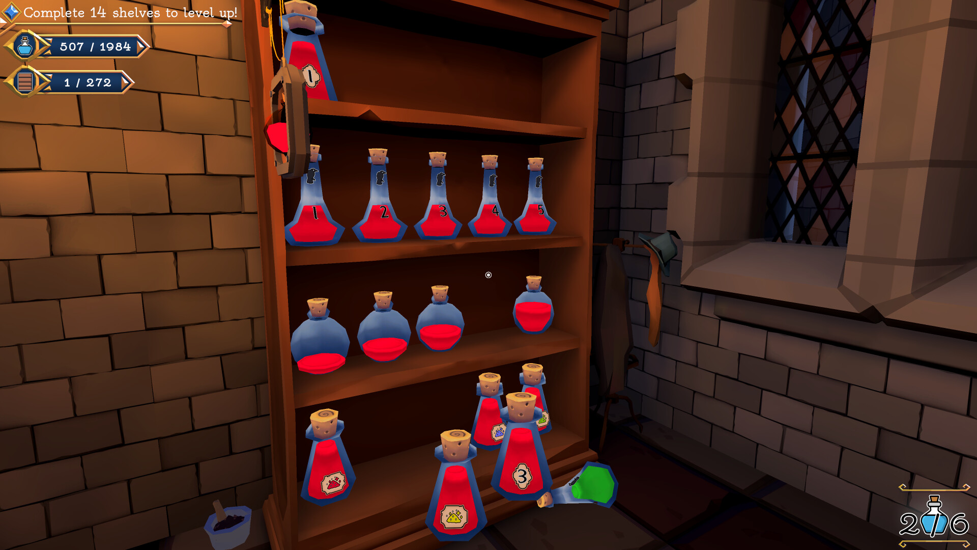 Official Shelve the Potions screenshot showing red potion bottles arranged on a shelf with numbered clues and partially filled rows.