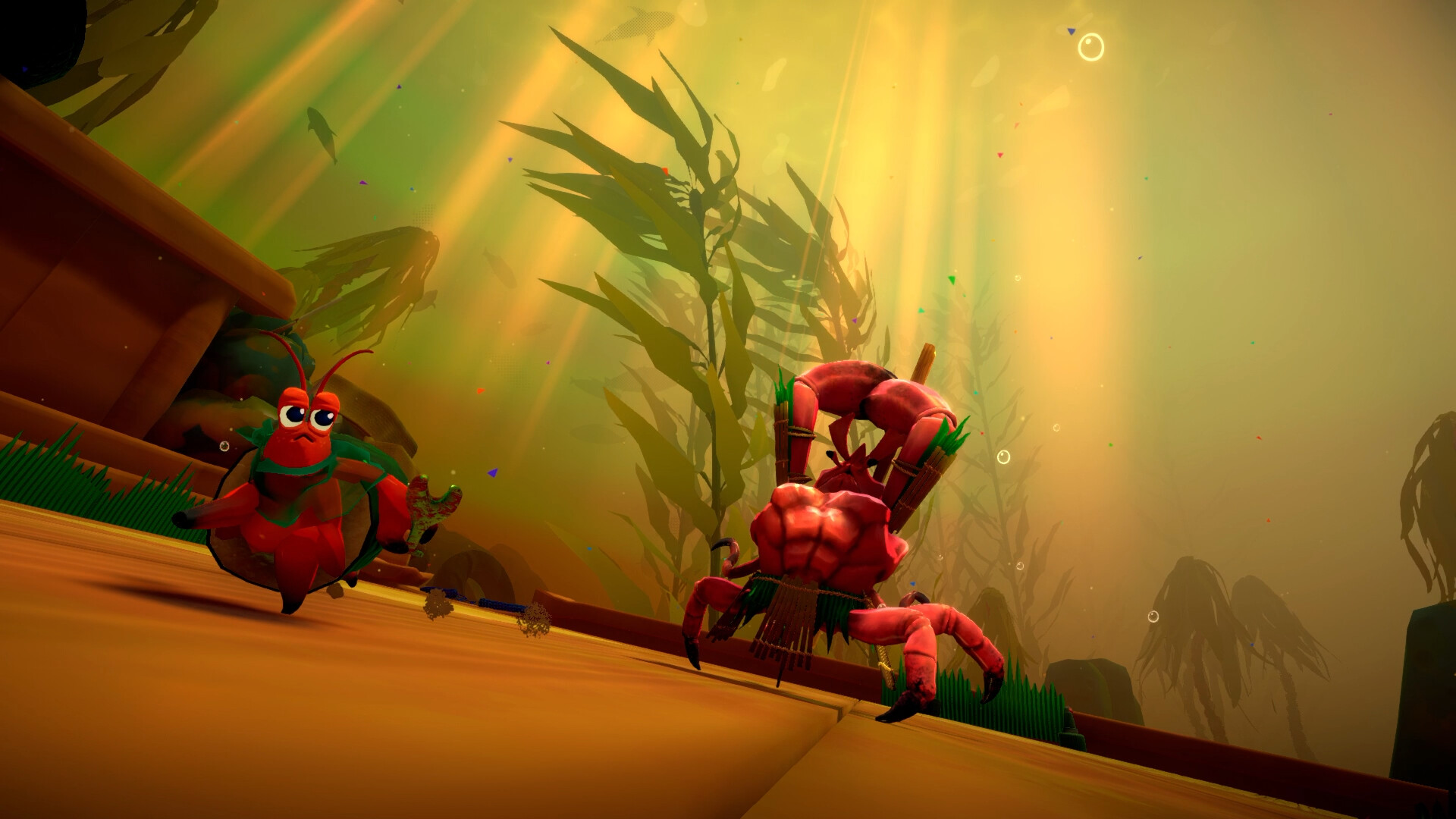 Official Another Crab's Treasure screenshot showing Kril exploring the underwater world in combat-ready stance.