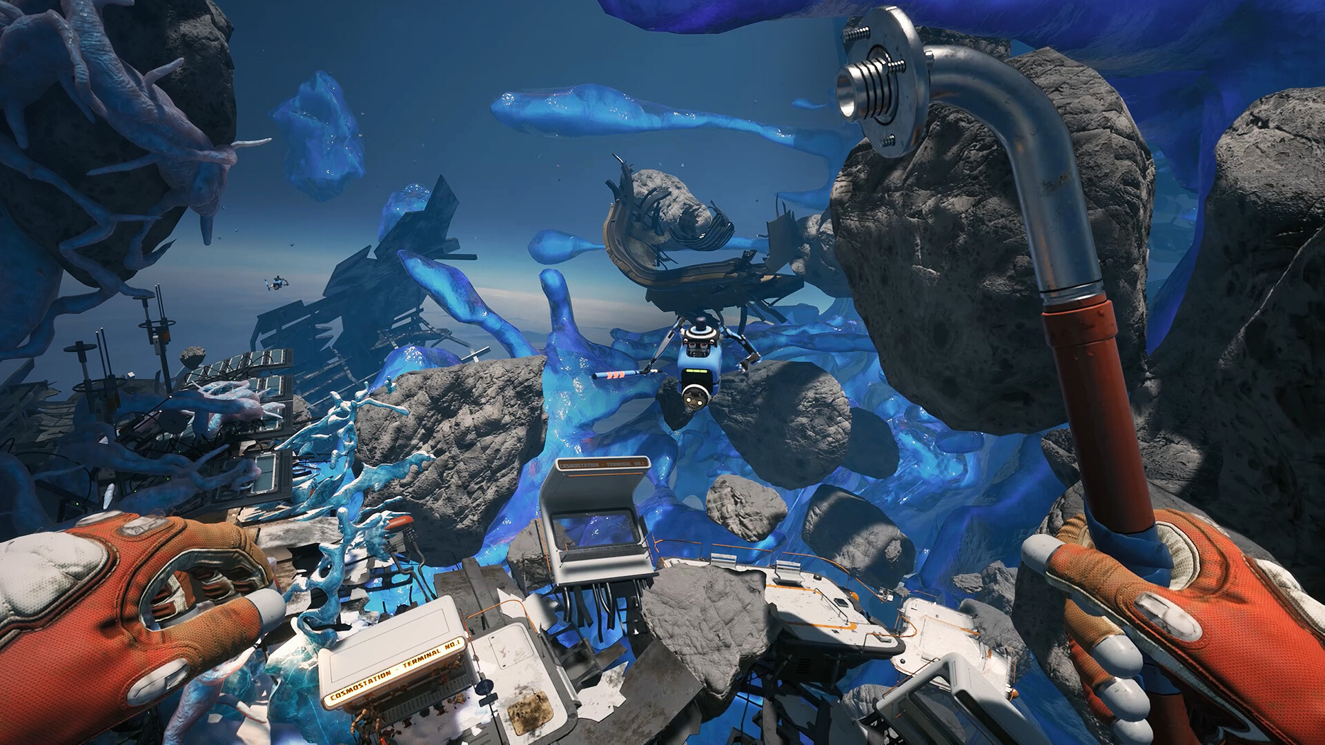 Official Breathedge 2 Steam screenshot showing the player moving through a debris-filled space environment.