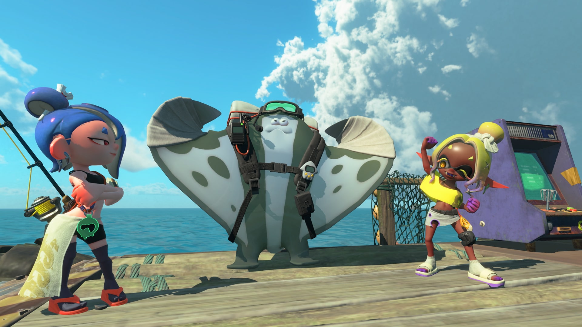 Official Splatoon Raiders screenshot showing the player character in combat with Salmonids on the Spirhalite Islands.