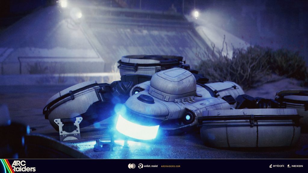 Official ARC Raiders image showing a damaged ARC machine in a hostile outdoor environment.