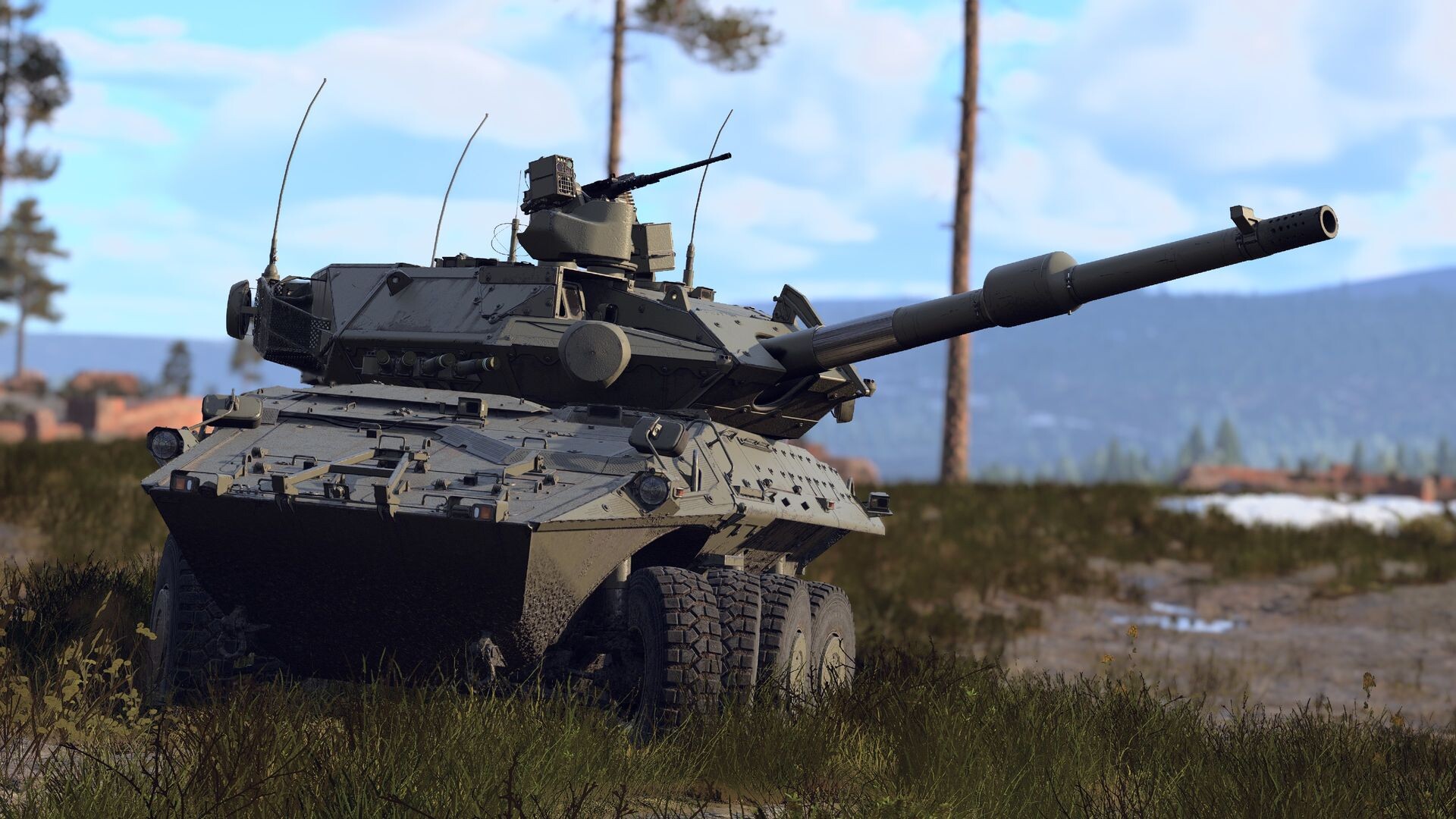 Official War Thunder gameplay screenshot showing tanks advancing through a battle zone.