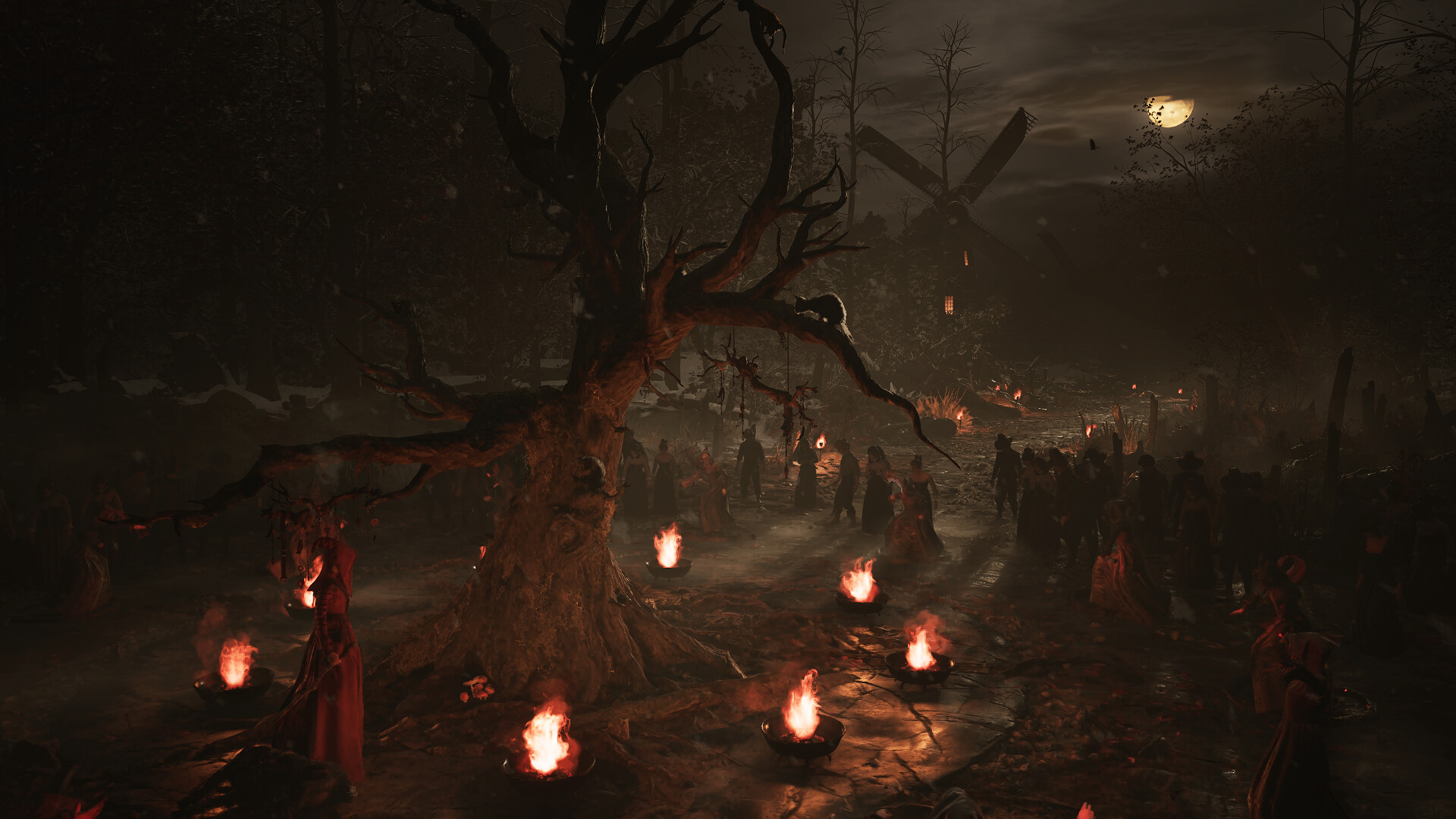 Official 1666: Amsterdam screenshot showing a dark ritual scene in a forest clearing lit by fires.