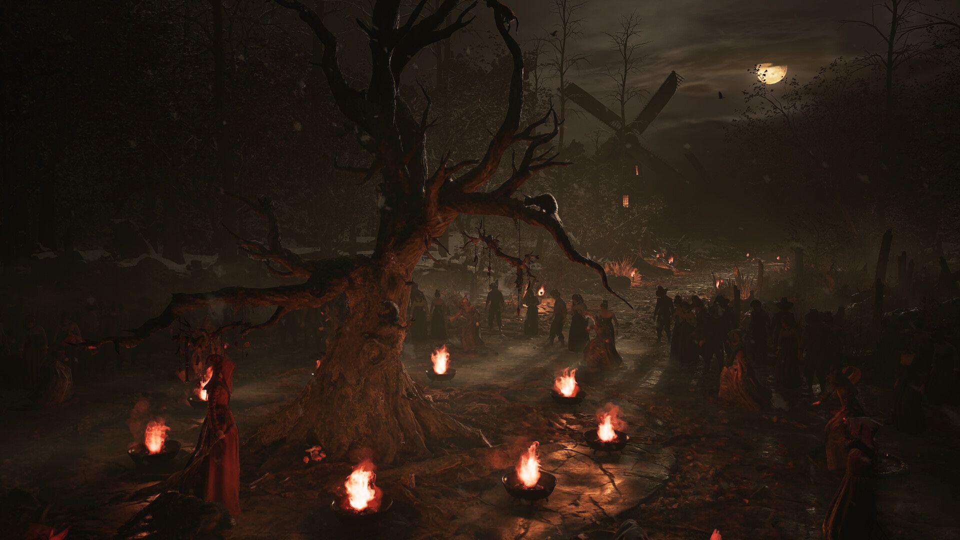 Official 1666: Amsterdam screenshot showing a dark ritual scene in a forest clearing lit by fires.