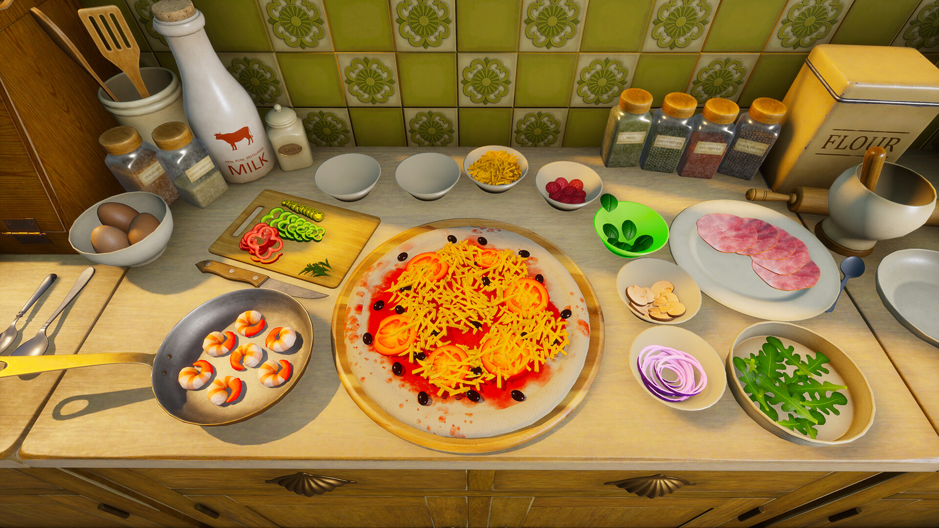 Official Vacation Cafe Simulator screenshot showing the cafe interior, food prep stations, and bright coastal decor.
