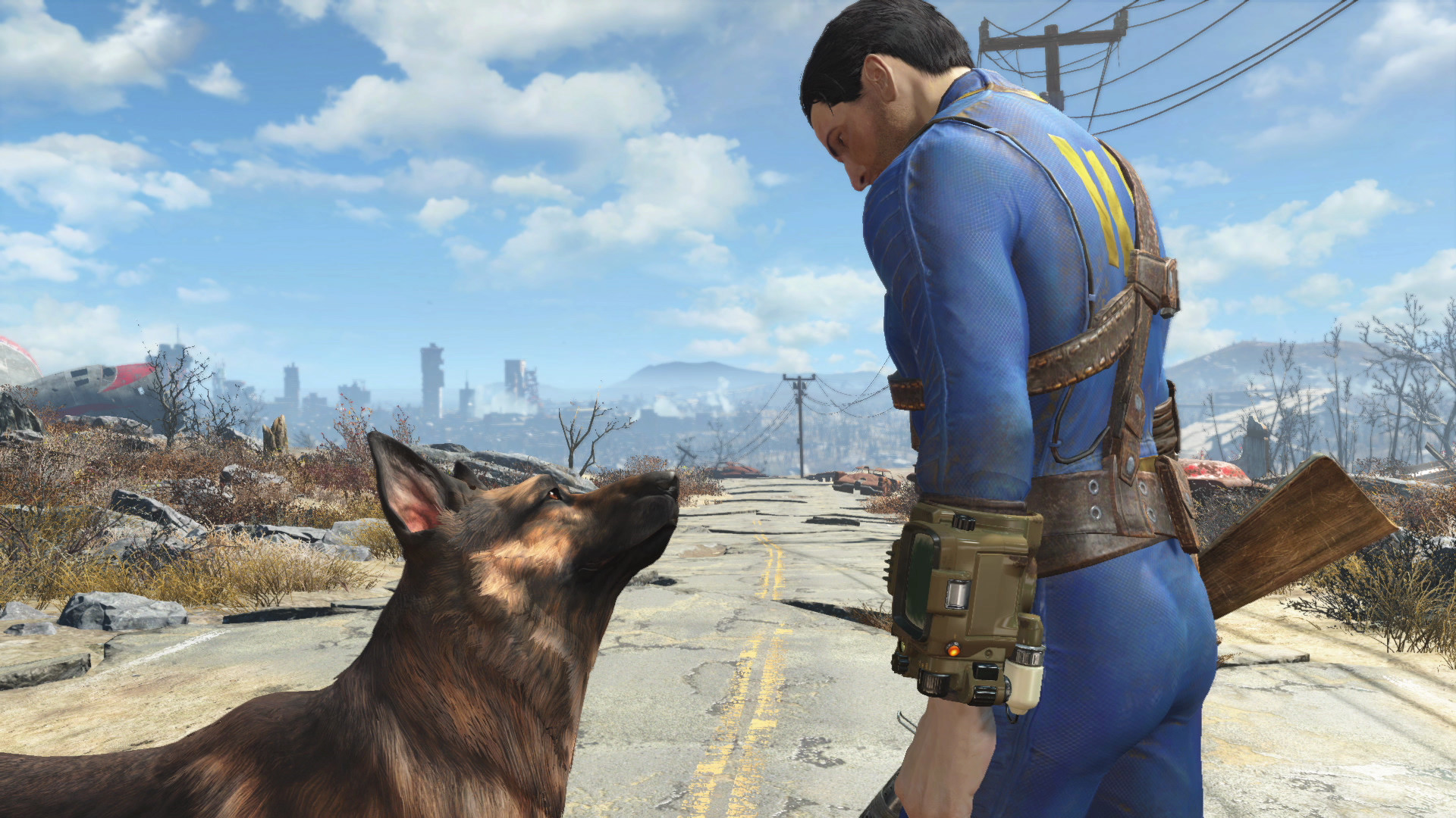 Official Fallout 4 Steam screenshot showing the player character aiming a weapon in the Commonwealth.