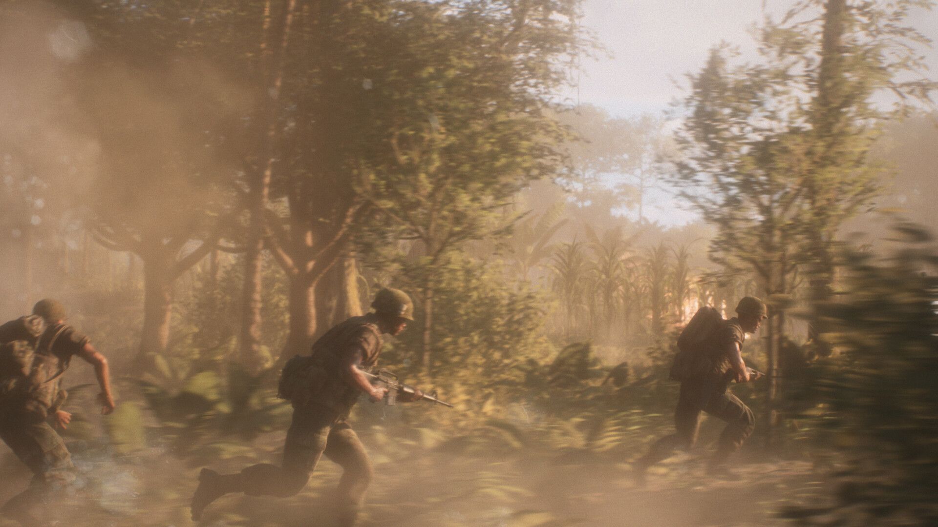 Official Hell Let Loose: Vietnam screenshot showing soldiers sprinting through a smoke-filled jungle under fire.