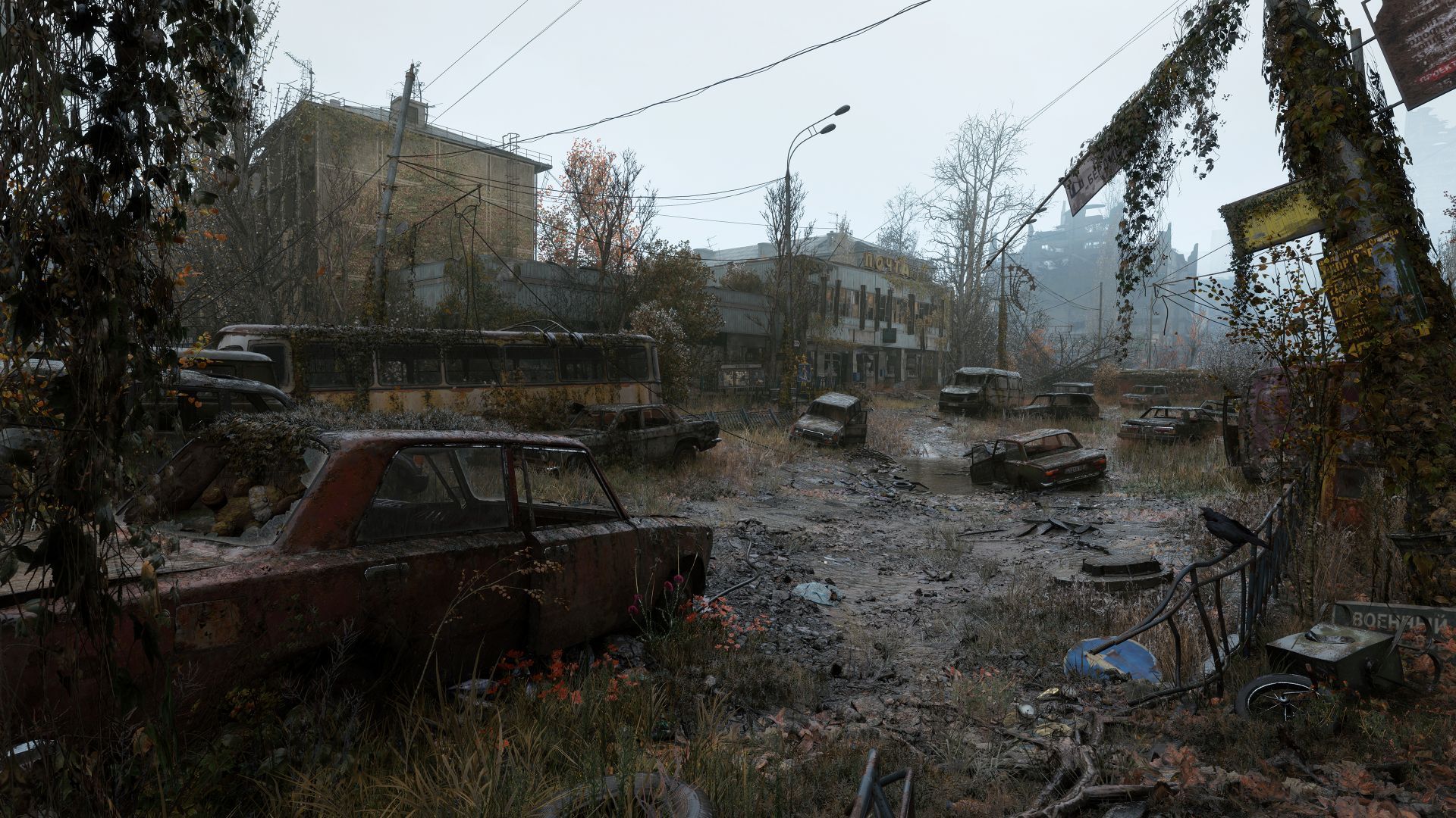 Official Xbox Wire Metro 2039 screenshot showing the Stranger moving through a ruined post office interior.