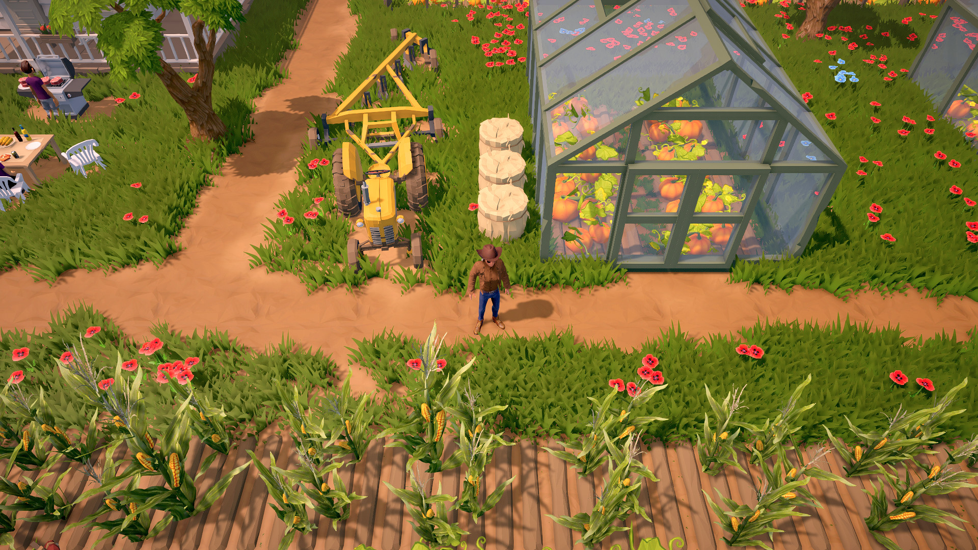 Official The Ranchers gameplay screenshot showing a third-person farm area with buildings, tools, and a bright rural layout.