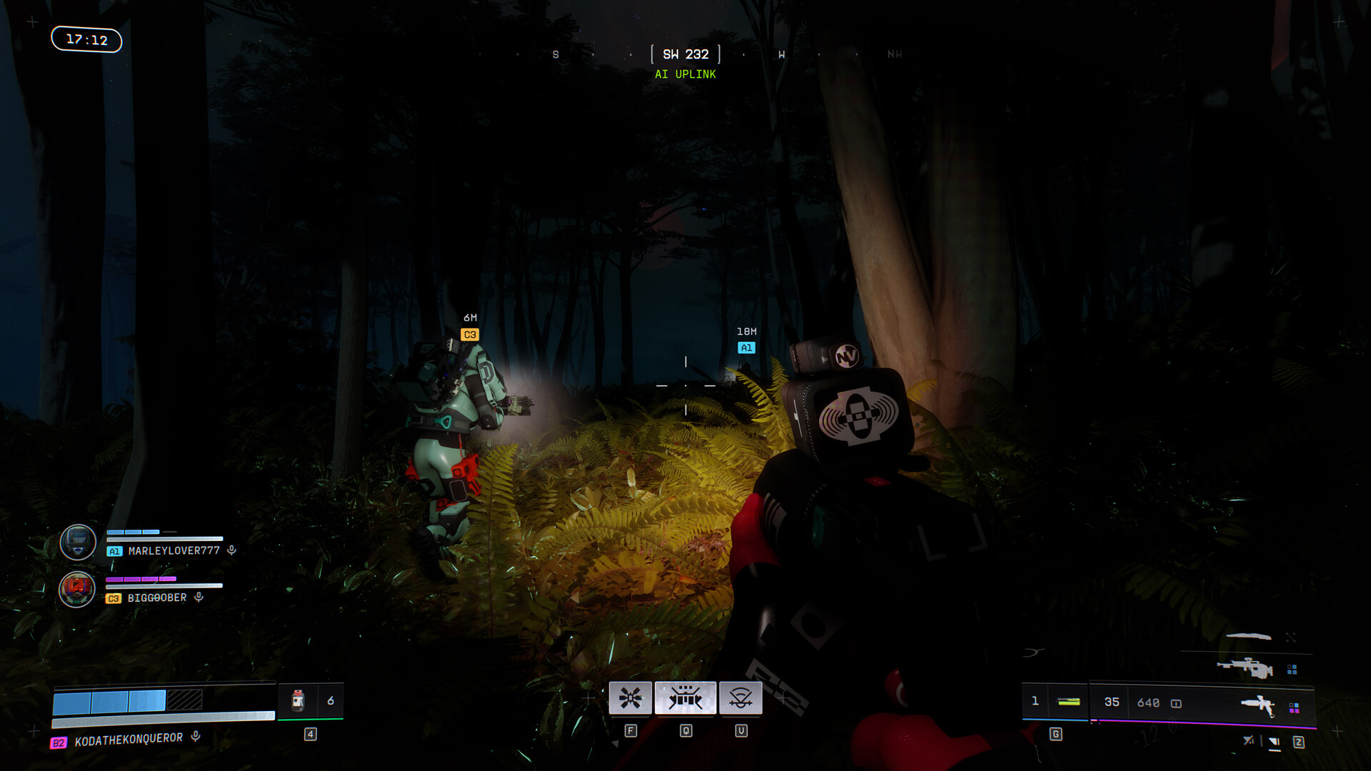 Official Marathon screenshot from Steam showing a first-person firefight in one of the game's bright sci-fi combat spaces.
