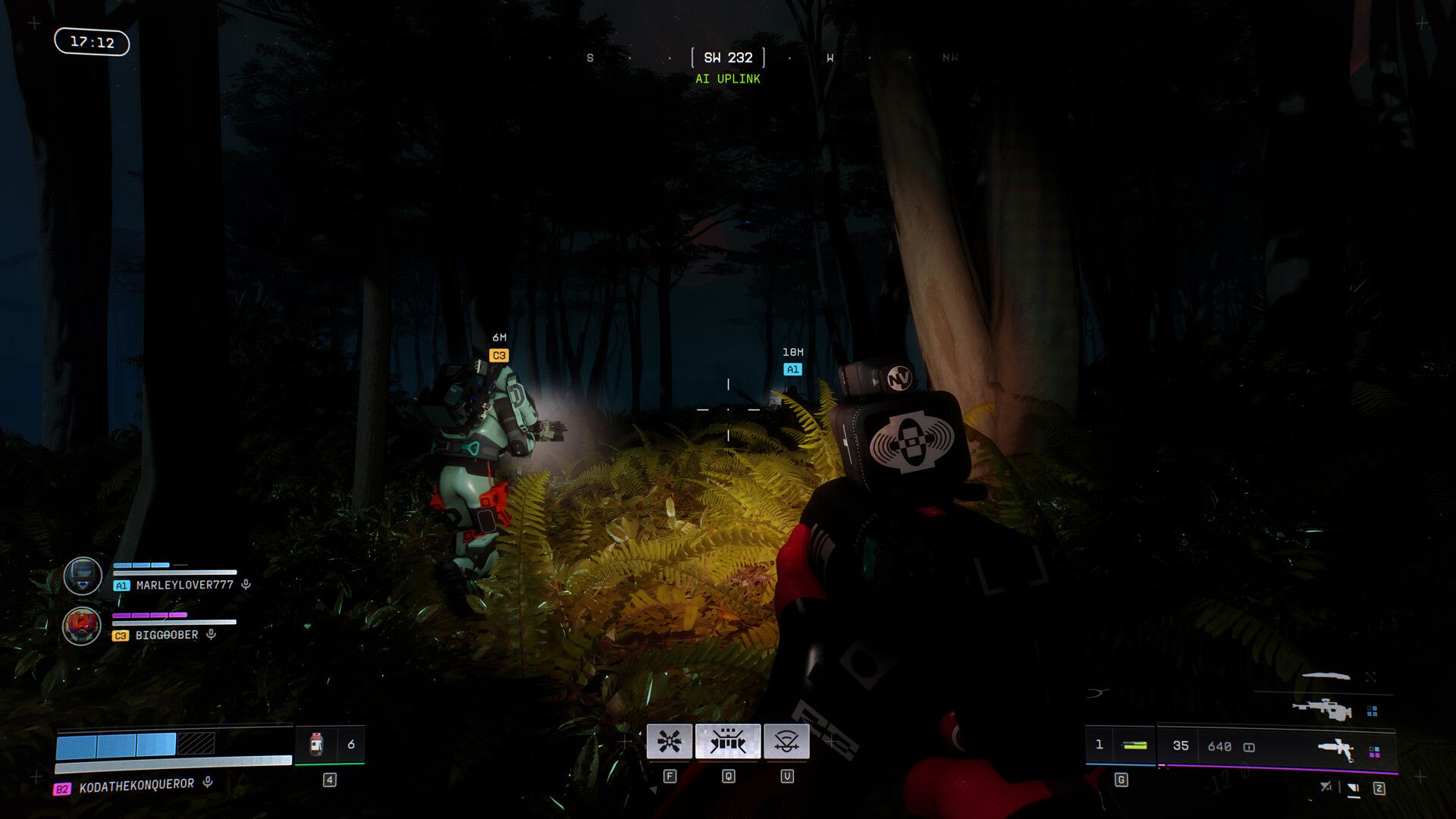 Official Marathon screenshot from Steam showing a first-person firefight in one of the game's bright sci-fi combat spaces.
