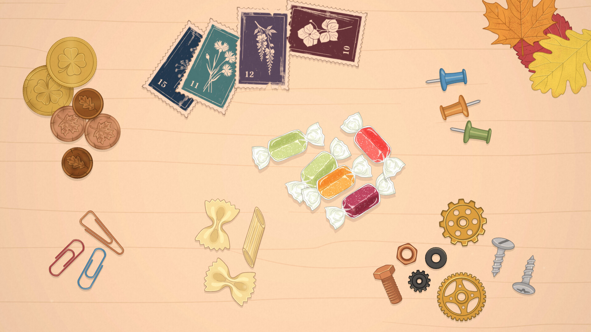 Official The Sorting Bureau screenshot showing a tabletop full of small objects waiting to be sorted into boxes.