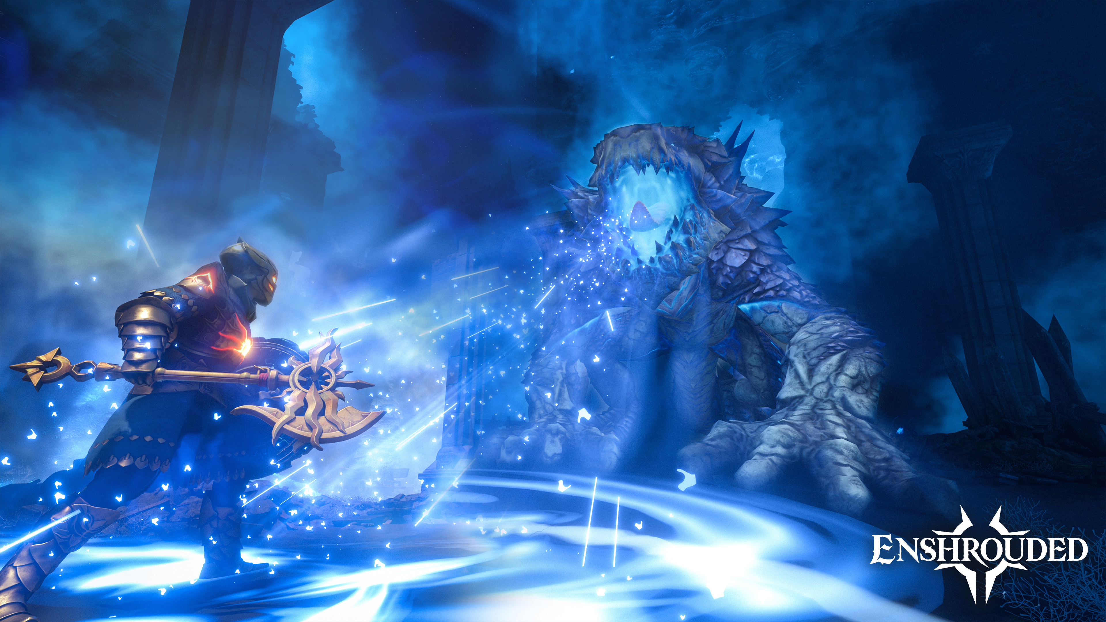 An armored character uses blue magic against a large creature inside a stone structure.