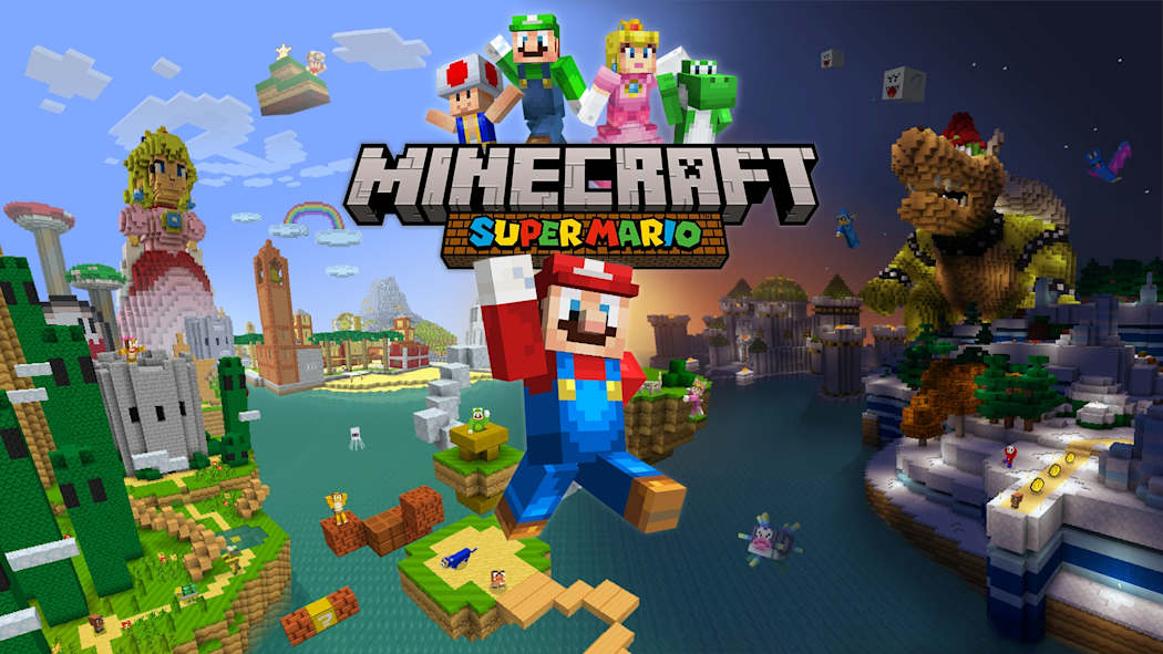 Block versions of Mario, Luigi, Peach and Yoshi appear above a Mario-themed Minecraft landscape with a Bowser statue.