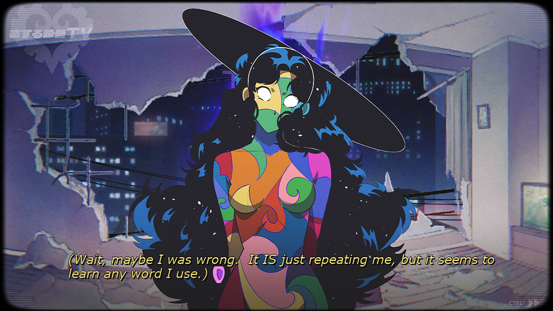 Official Steam screenshot from Sucker for Love: Crush Landing showing a hand-drawn apartment scene with Hheily and bright comic-horror colors.