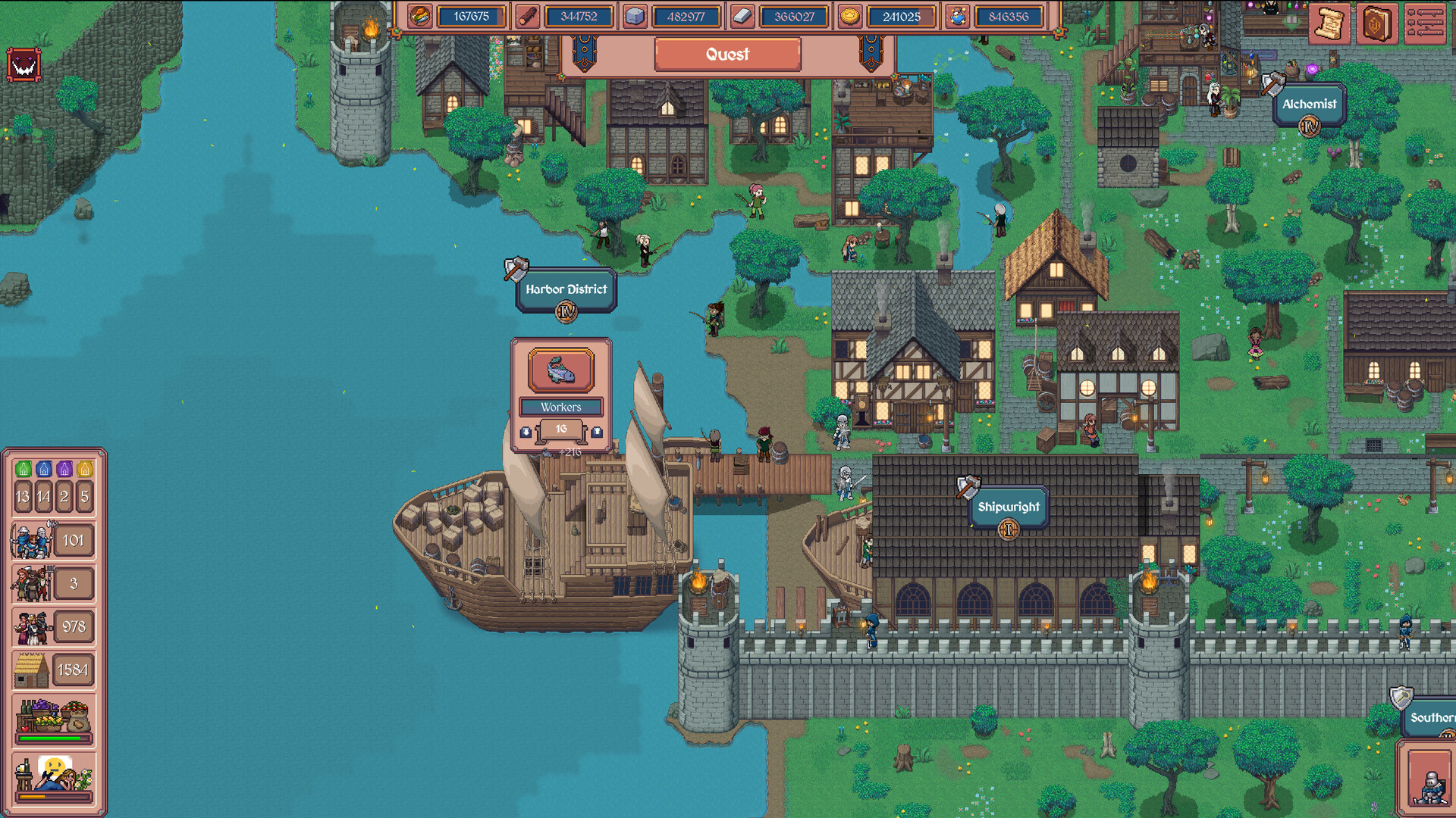 Official Hearth and Hamlet screenshot showing a growing pixel-art settlement and resource interface.
