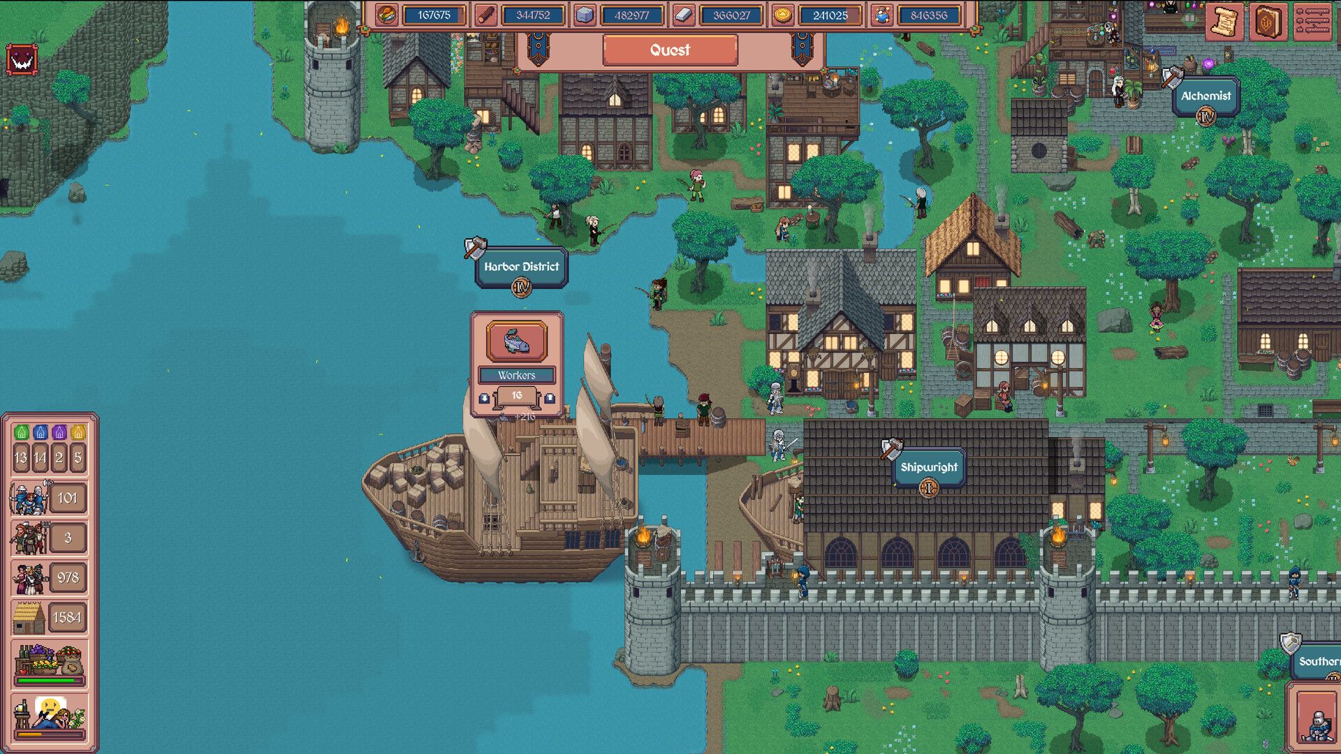 Official Hearth and Hamlet screenshot showing a growing pixel-art settlement and resource interface.