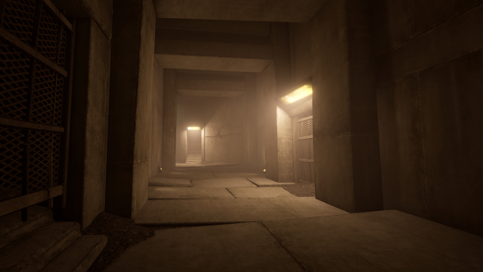 Official VHOLUME screenshot showing a first-person run across a stark brutalist environment.