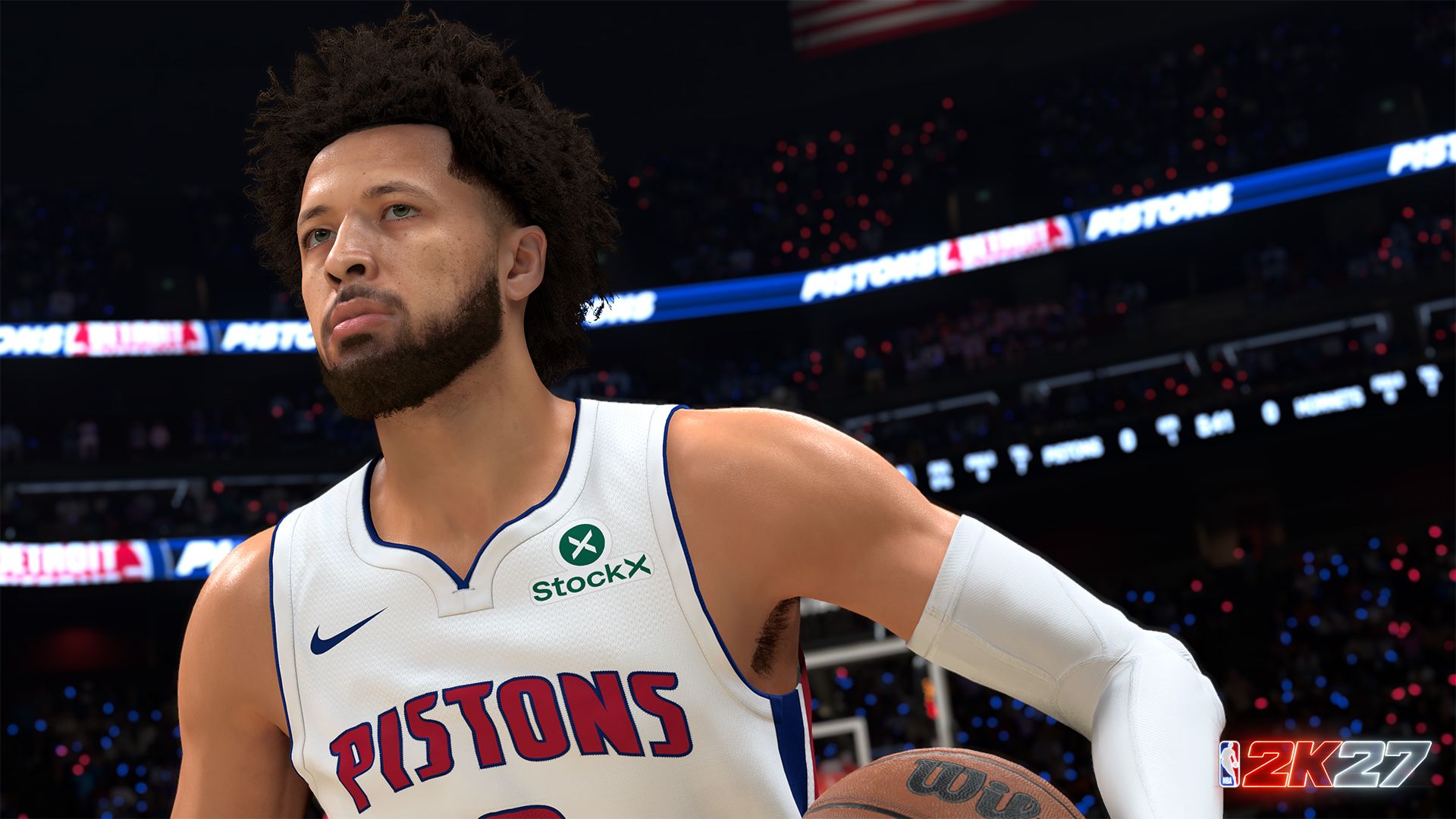 Official NBA 2K27 first-look image showing Cade Cunningham in action during a Detroit Pistons game.