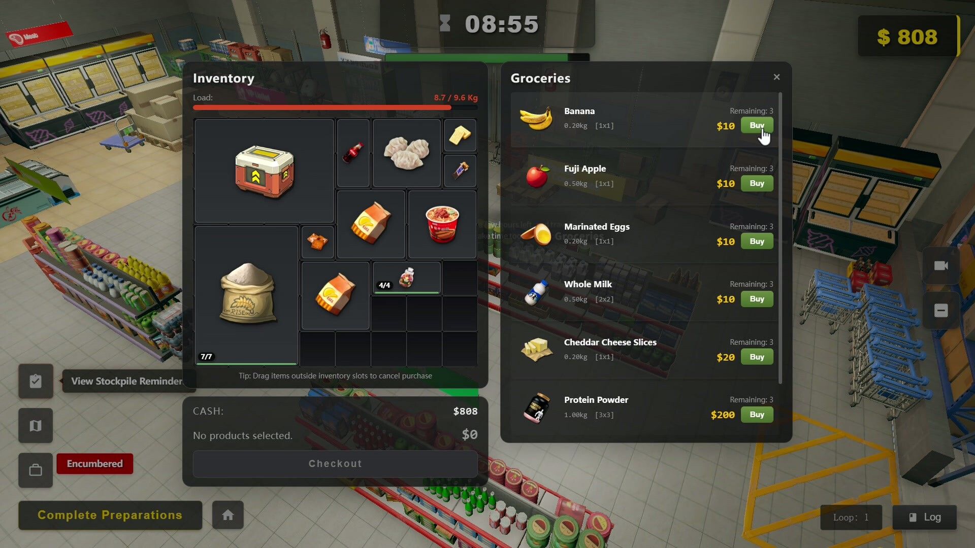 Official Survival Log screenshot showing looting and shelter-management systems in a post-apocalyptic city.