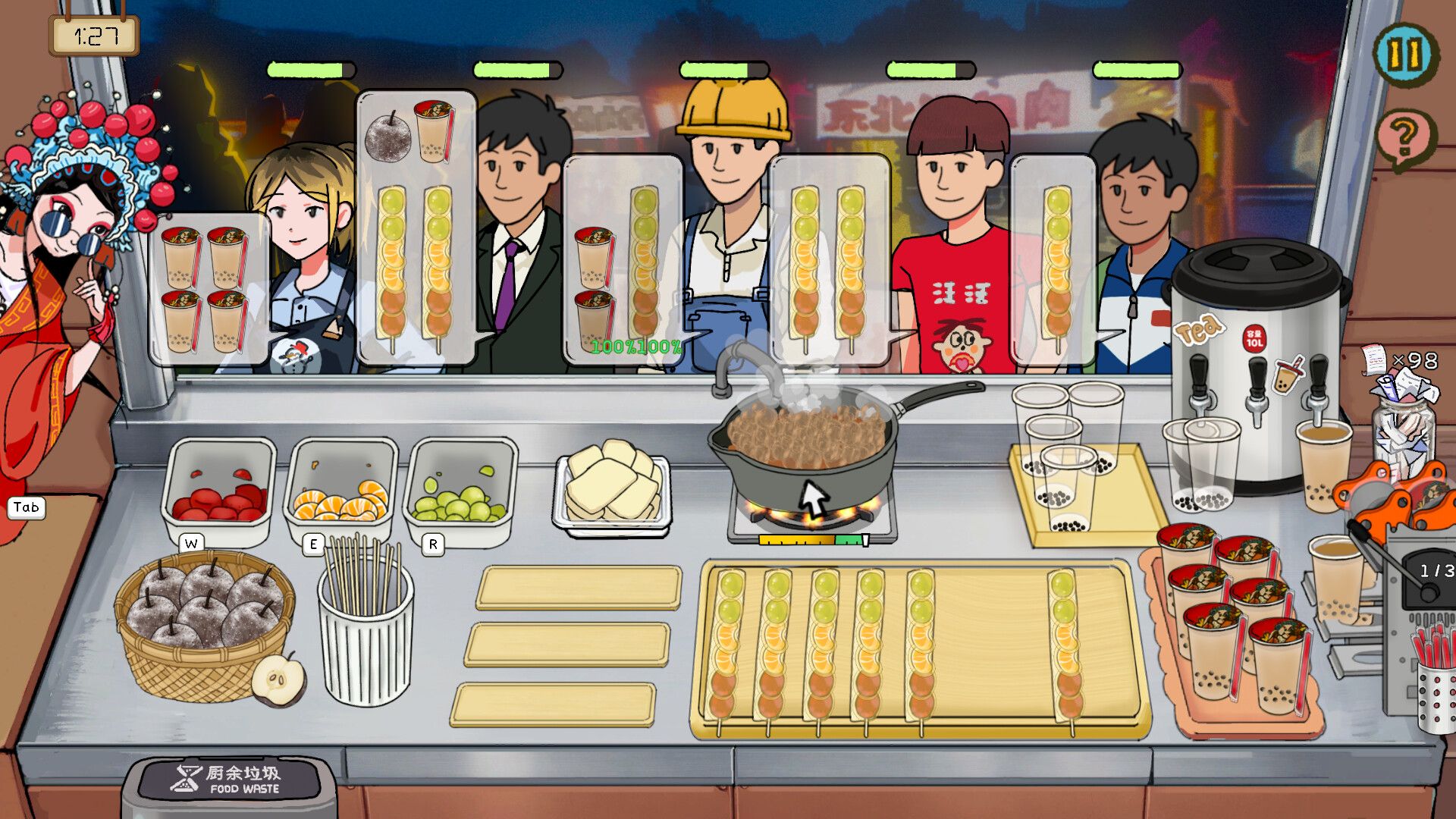 Official Chinese Street Food Legend screenshot showing the player running a food stall and preparing dishes under time pressure.