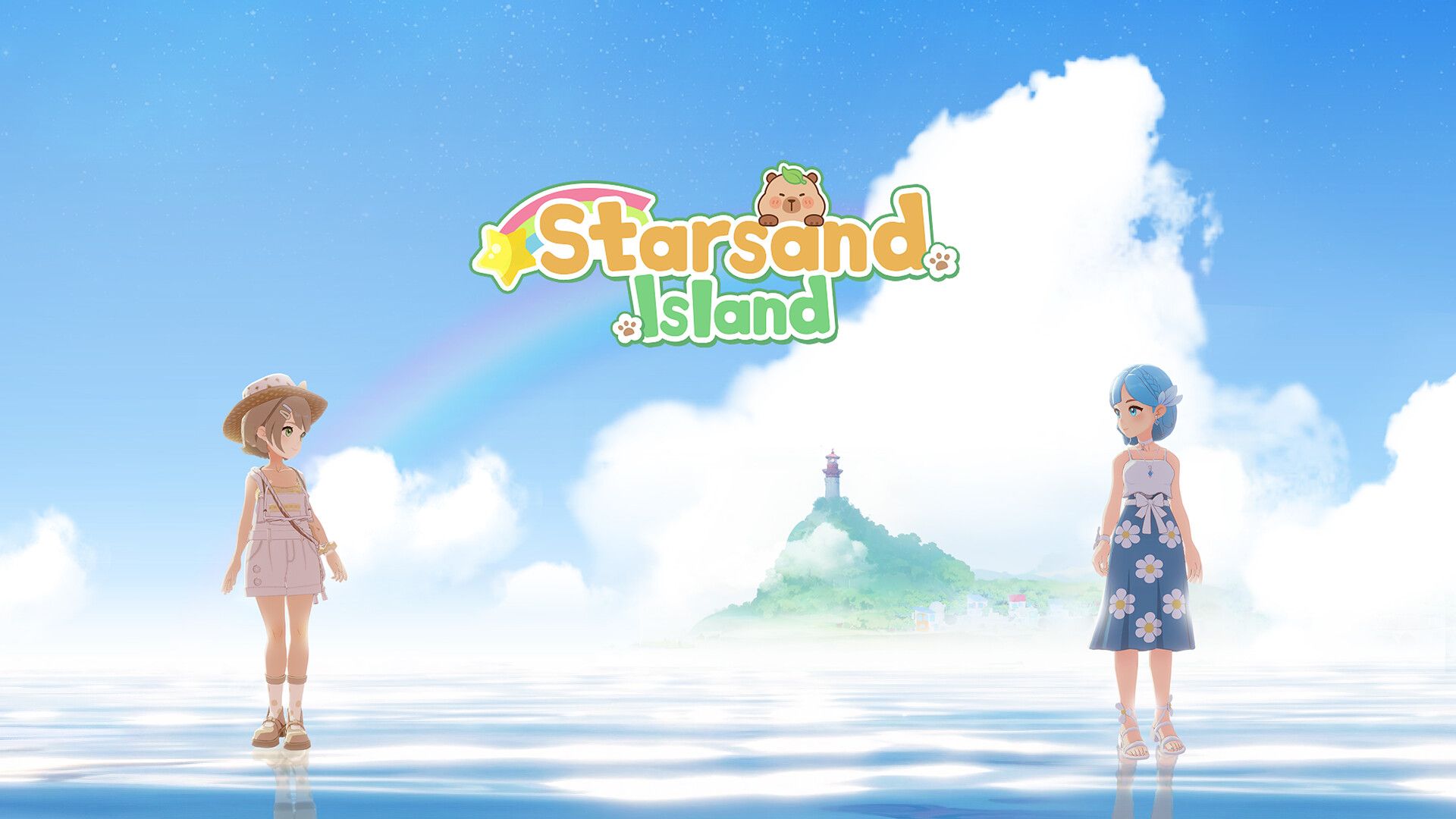 Official Starsand Island Steam screenshot showing a bright island town scene from the store page.
