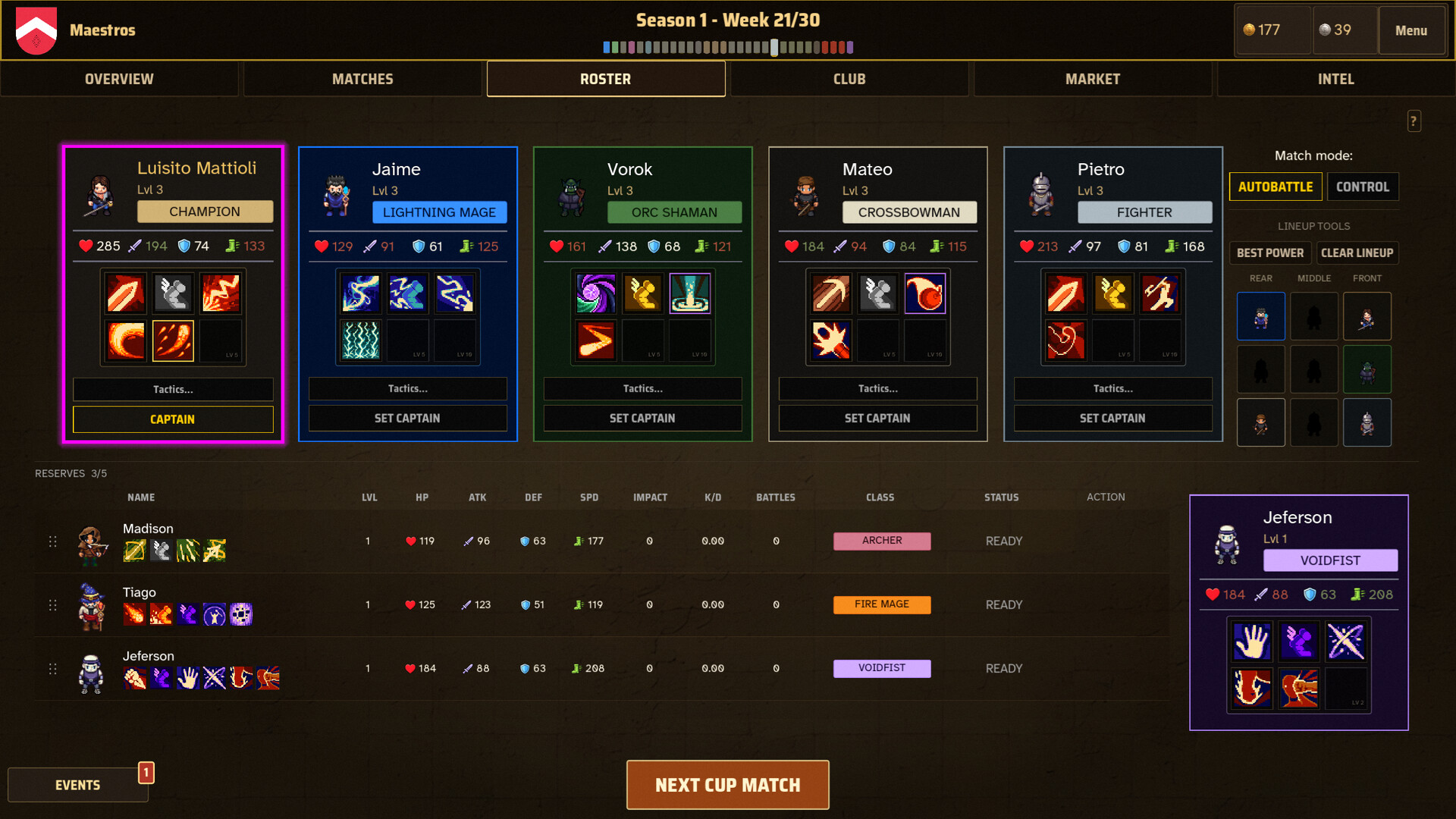 Official Eslabong screenshot showing a roster and management screen with fighters, club resources, and progression panels.