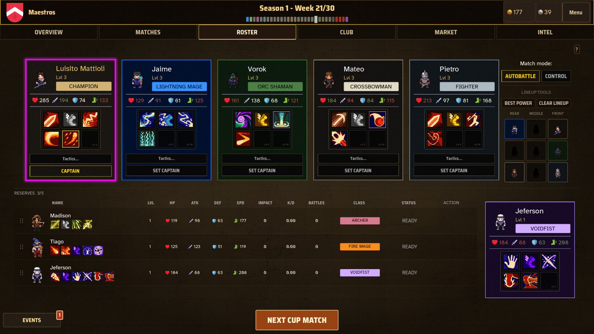 Official Eslabong screenshot showing a roster and management screen with fighters, club resources, and progression panels.