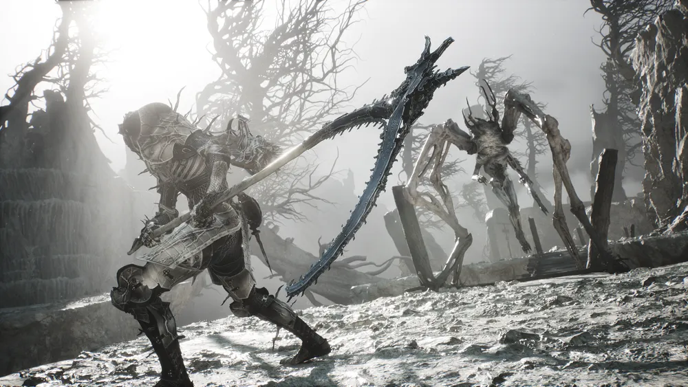 Official Mortal Shell II screenshot showing a player character bracing to fight a skeletal creature in a pale, open area.