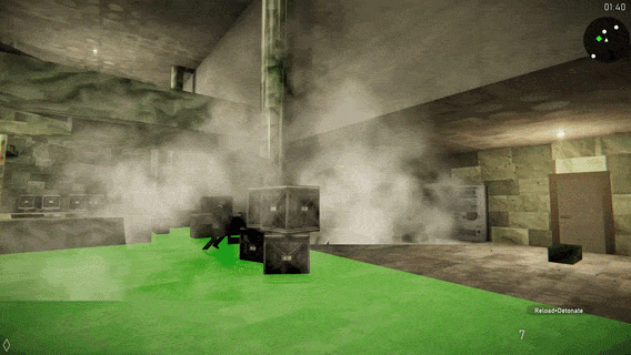Official Agent 64 Steam community image showing a mission area filled with green gas, crates, and retro FPS HUD elements.
