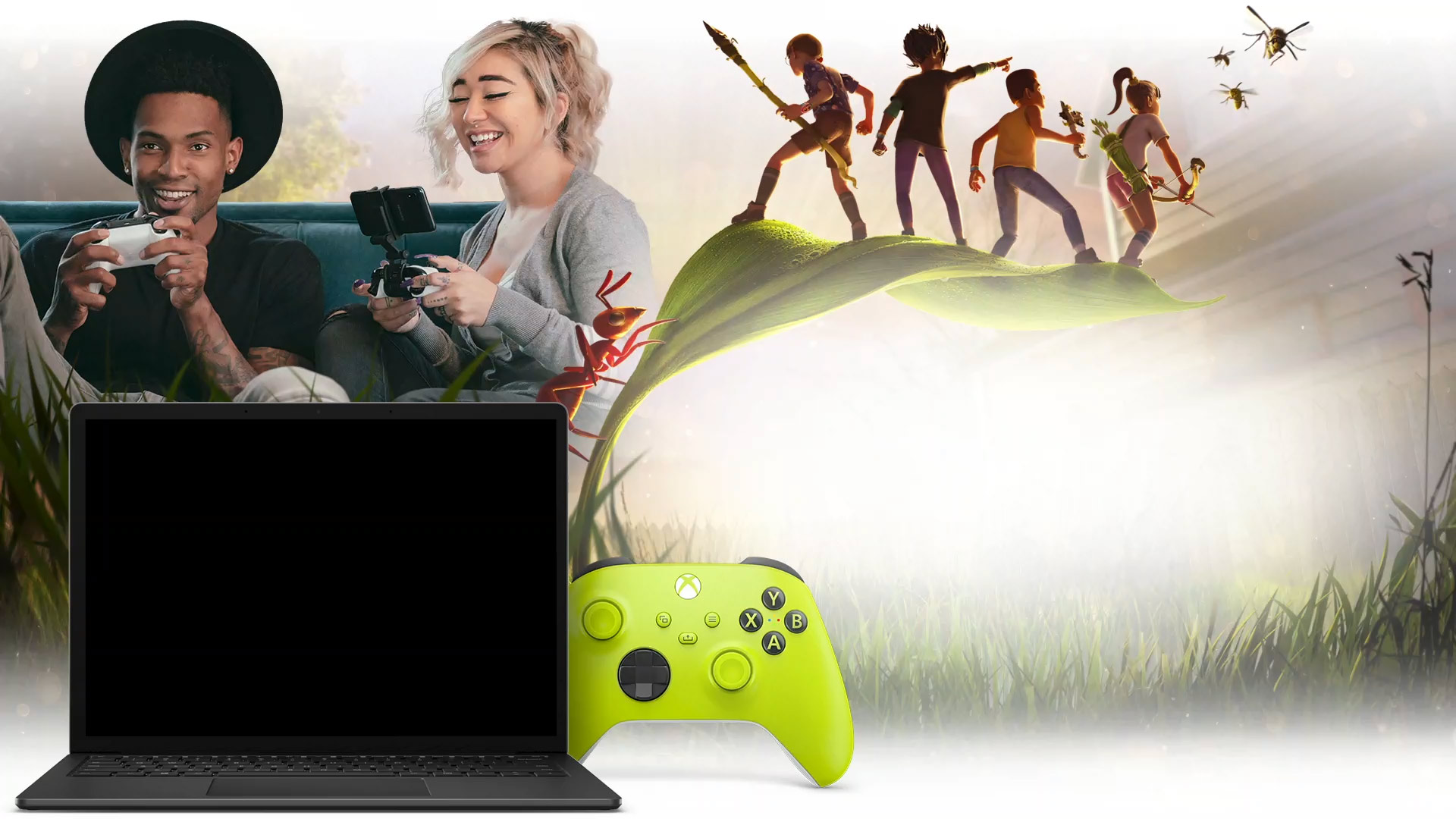 Official Xbox Cloud Gaming image showing people playing Xbox games across multiple devices.