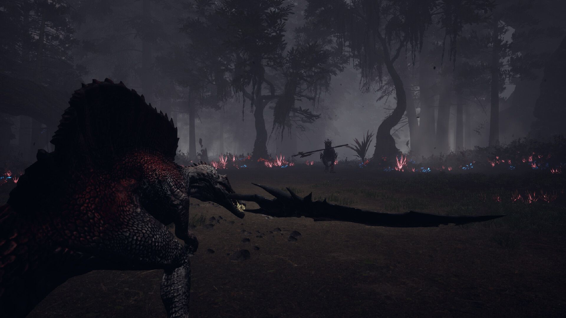 Official Dinoblade Steam screenshot showing the young Spinosaurus protagonist facing an armed dinosaur enemy in a rocky prehistoric area.