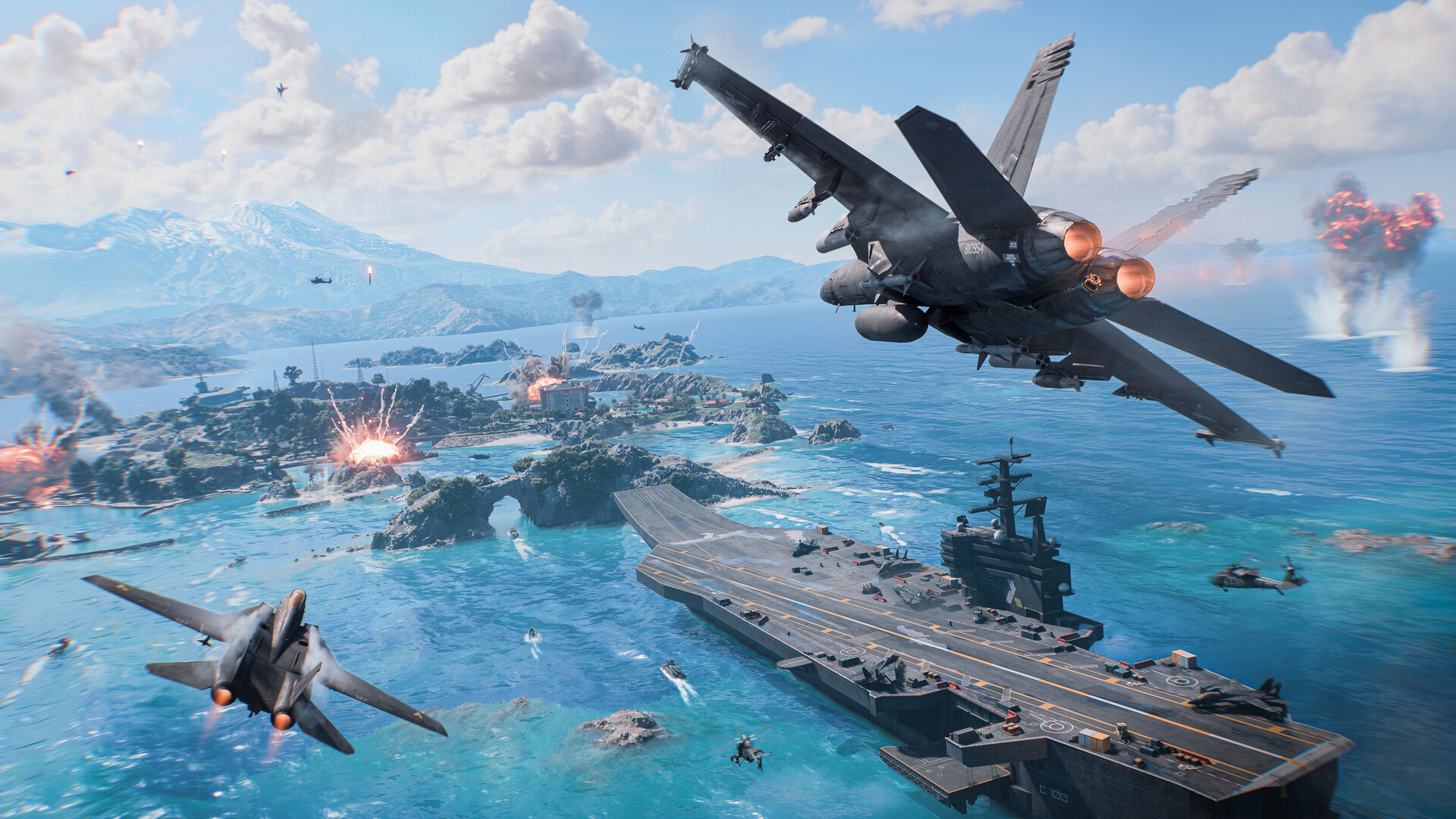 Official Battlefield 6 Steam screenshot showing large-scale infantry and vehicle combat on a tropical battlefield.